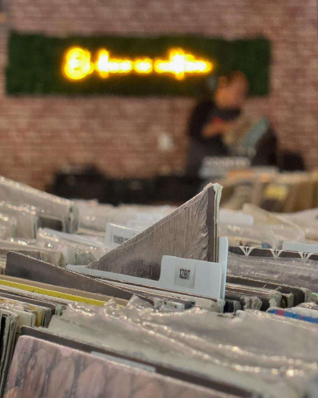 Rows of vinyl records organized by artist