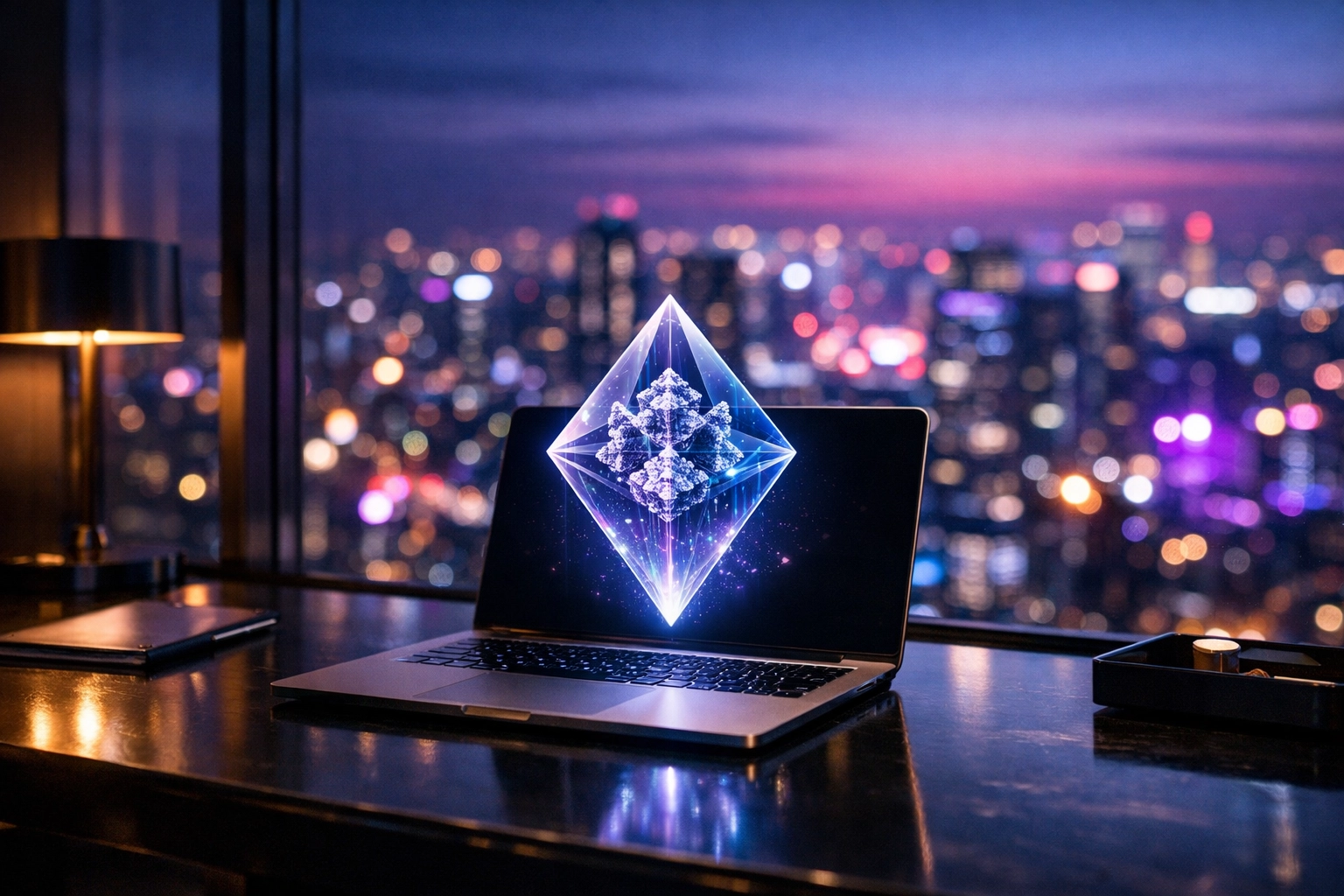 Digital NFT receipt hovering over a laptop, symbolizing automated global Web3 commerce and secure payments.