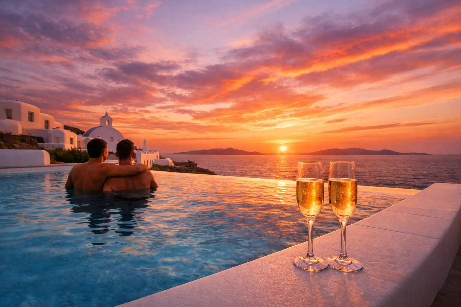 Luxury infinity pool overlooking Aegean Sea at gay honeymoon hotel in Mykonos Greece