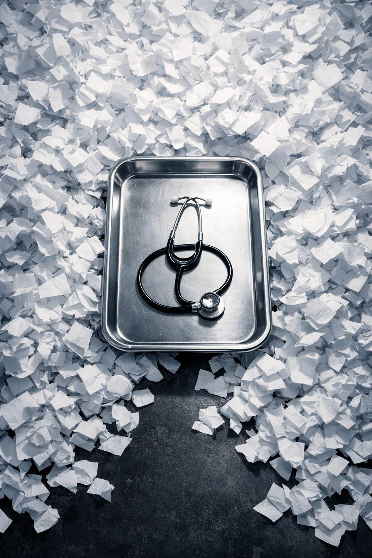 Medical stethoscope on a tray with piles of bills showing the burden of rising healthcare costs.