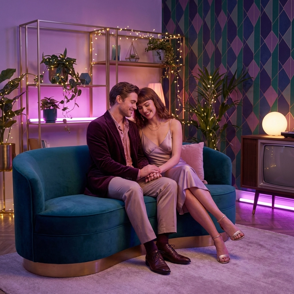 A loving couple sharing an intimate moment on a plush couch, representing emotional closeness in relationships.