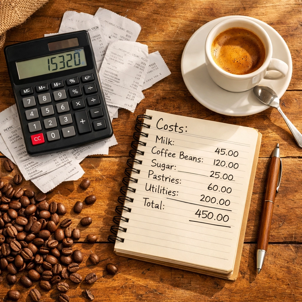 Coffee shop cost calculations with calculator, receipts, and espresso on wooden desk