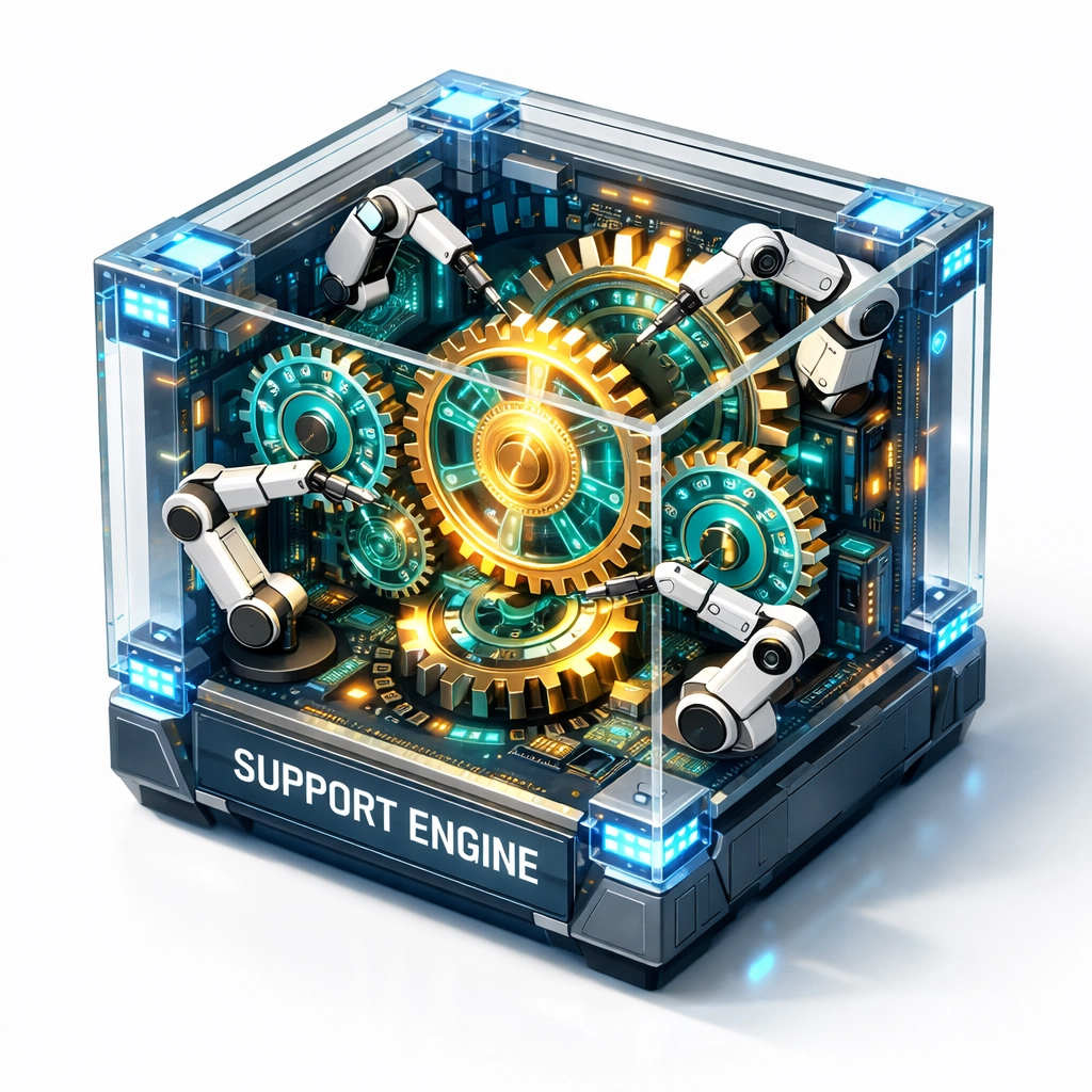 High-tech support engine with glowing gears and automated arms symbolizing SaaS customer service readiness.