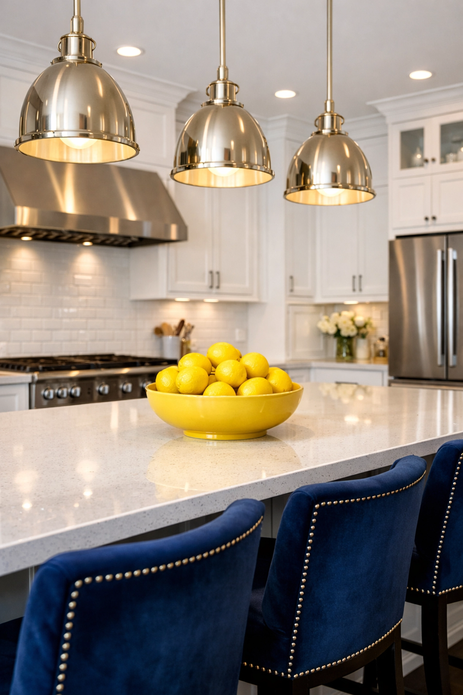 A luxury modern kitchen in Franklin MA featuring sparkling white countertops cleaned by professional house cleaners.
