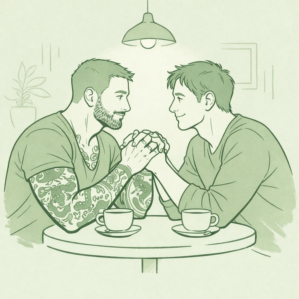 Tattooed gay man holding hands with partner at café - MM romance emotional connection