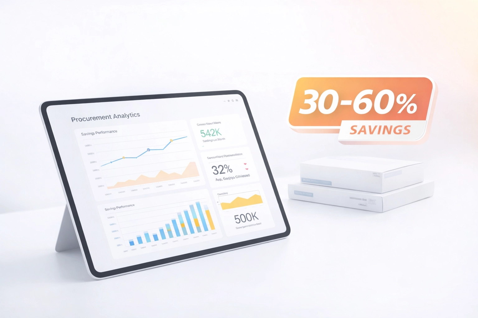 Sourcing surgical supplies online showing a 30-60 percent savings dashboard on a tablet next to OEM hospital surgical supplies.