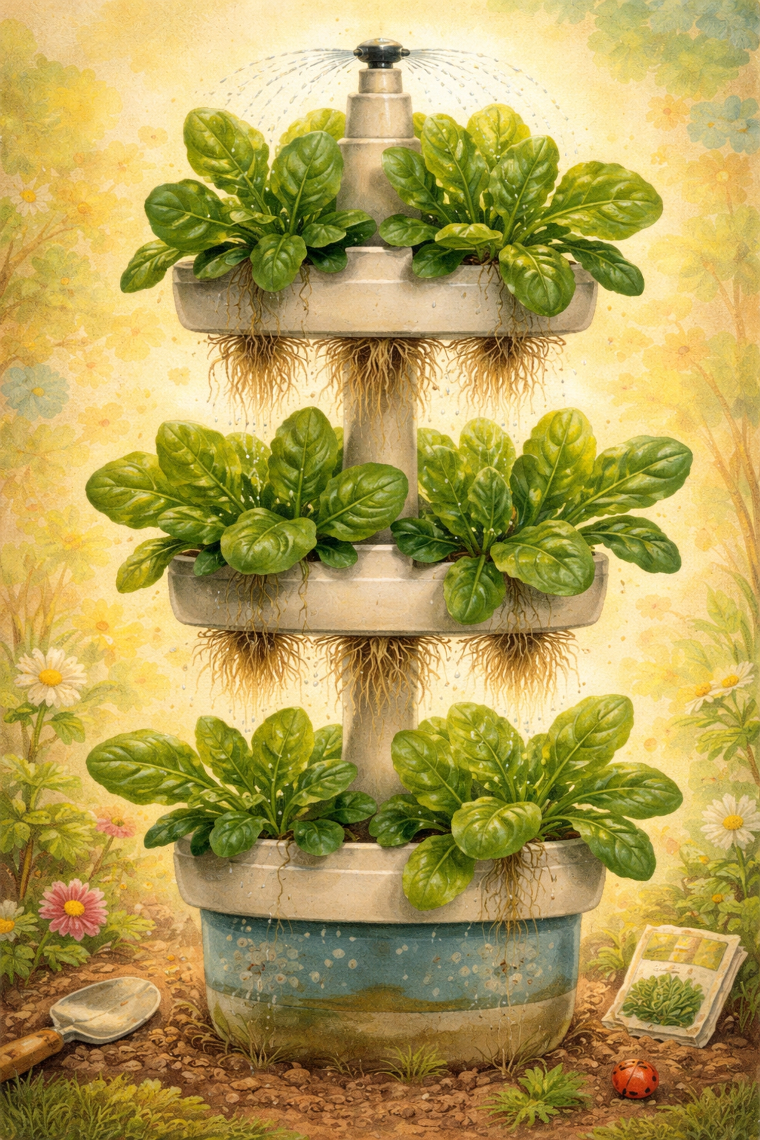 Vertical aeroponics tower garden with lush spinach plants and visible misted roots, illustrating optimal spinach growth setup