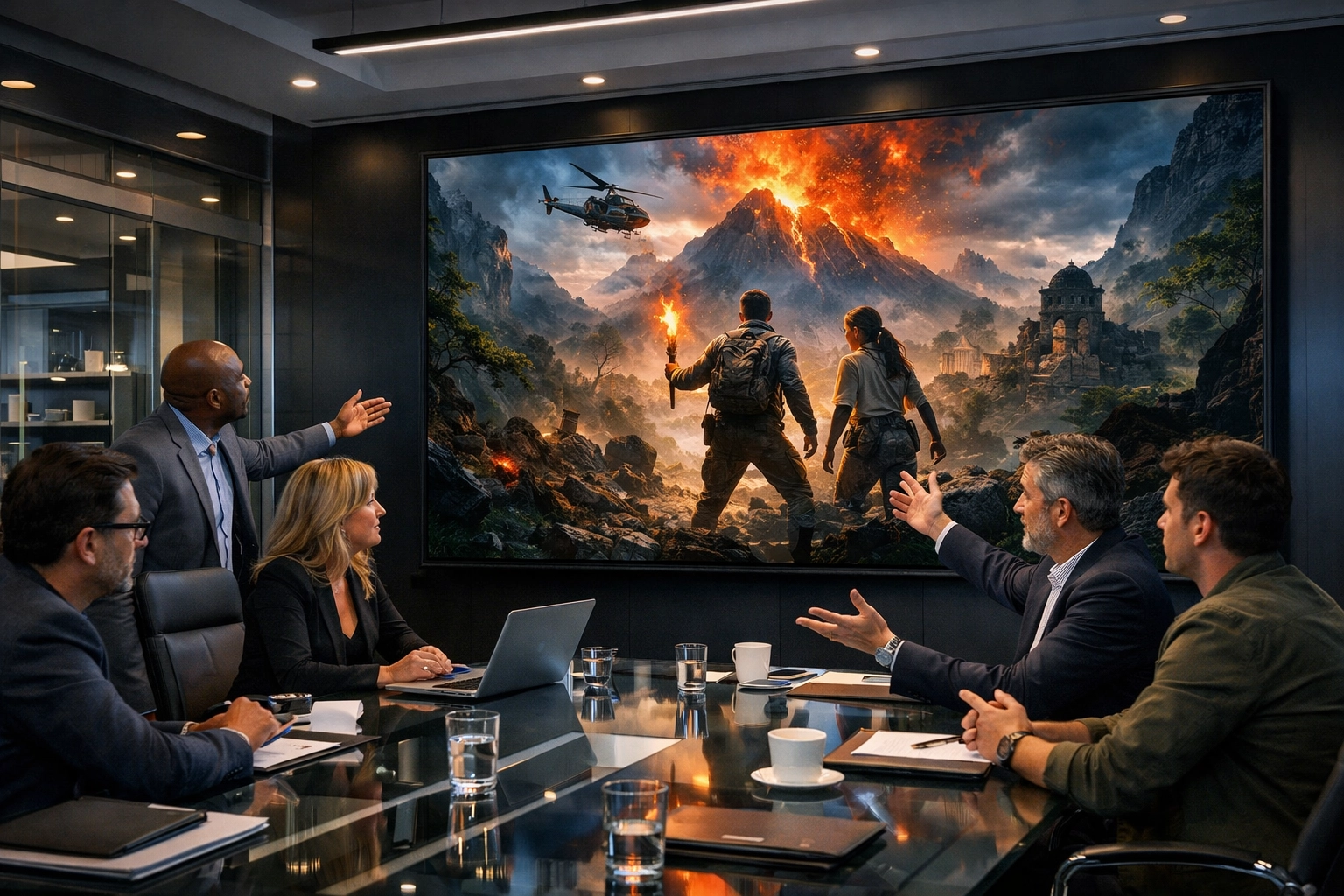 Entertainment executives discussing brand sponsorship and TV production in a modern boardroom.