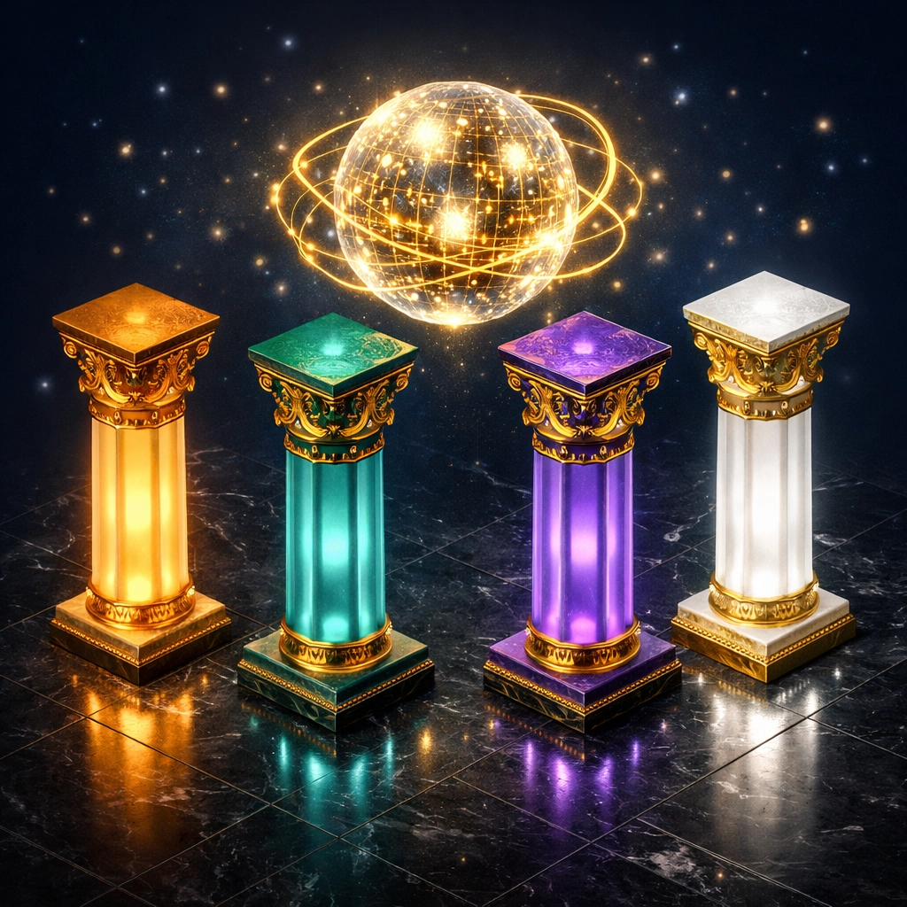 Four luminous pillars representing the E-E-A-T components: Experience, Expertise, Authoritativeness, and Trust.