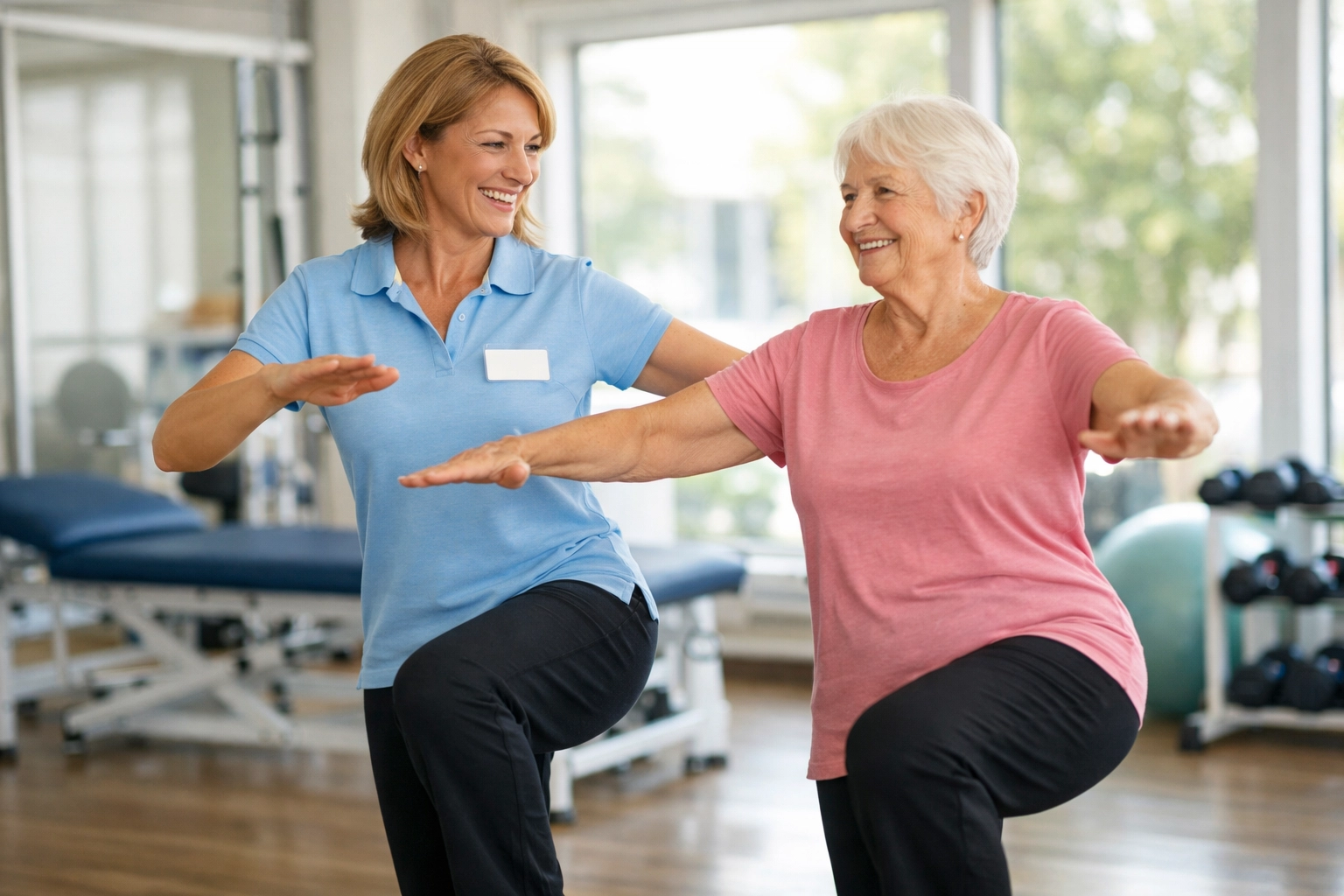 Physical therapist assessing senior woman's balance and fall risk during therapy session