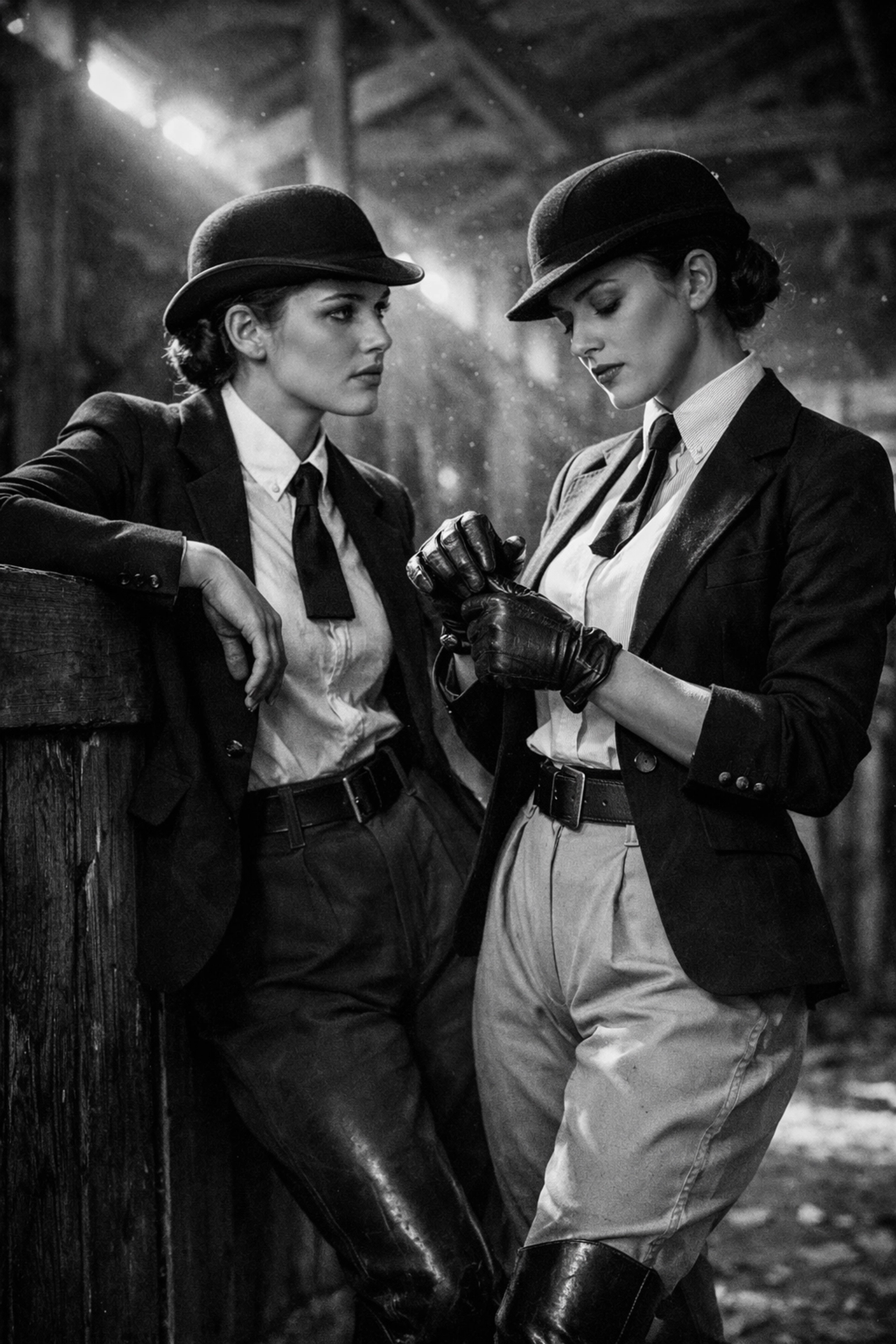 Vintage queer equestrian style featuring women in breeches and tall boots in a rustic stable.