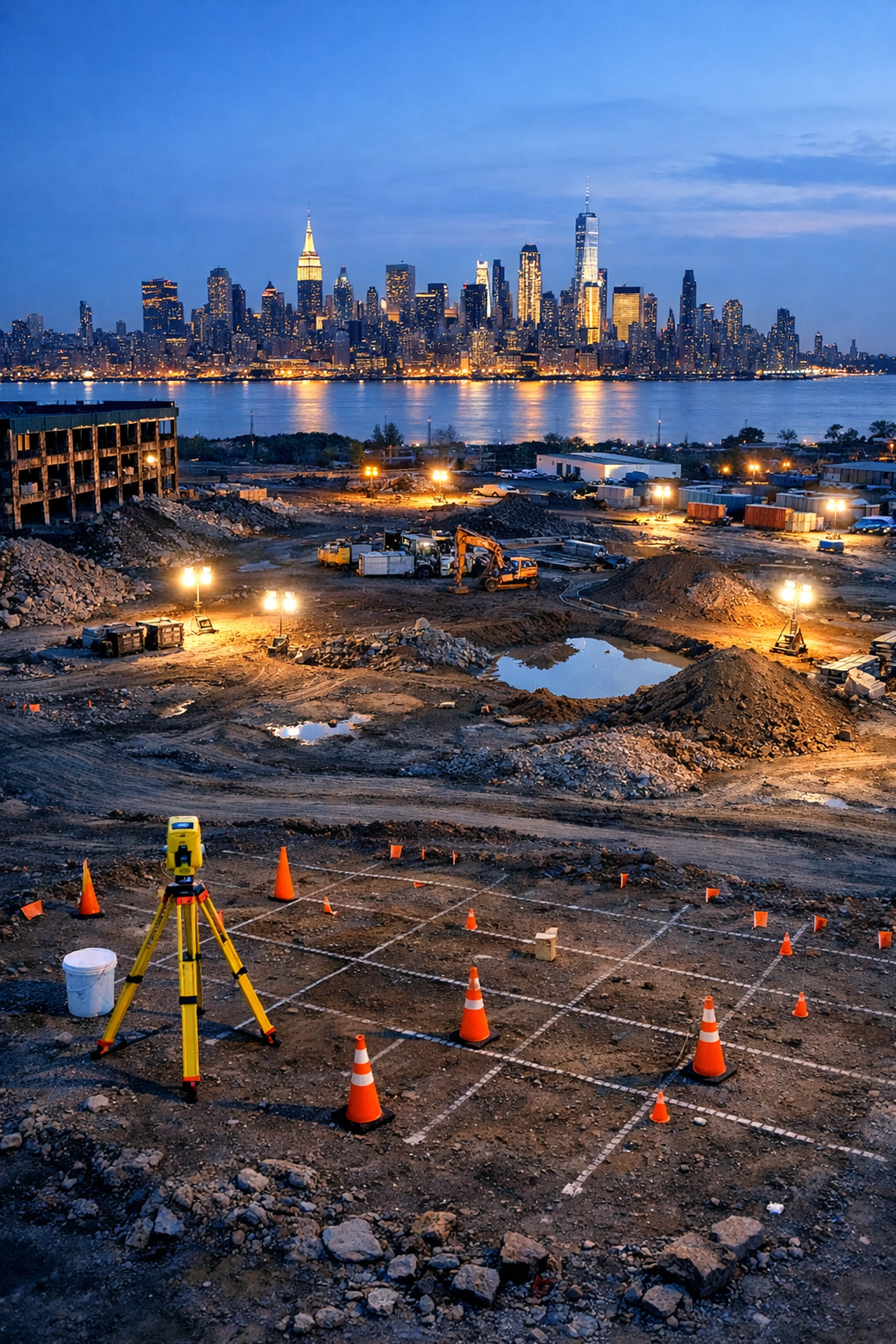 Aerial view of New Jersey brownfield site remediation with sampling locations and Manhattan skyline