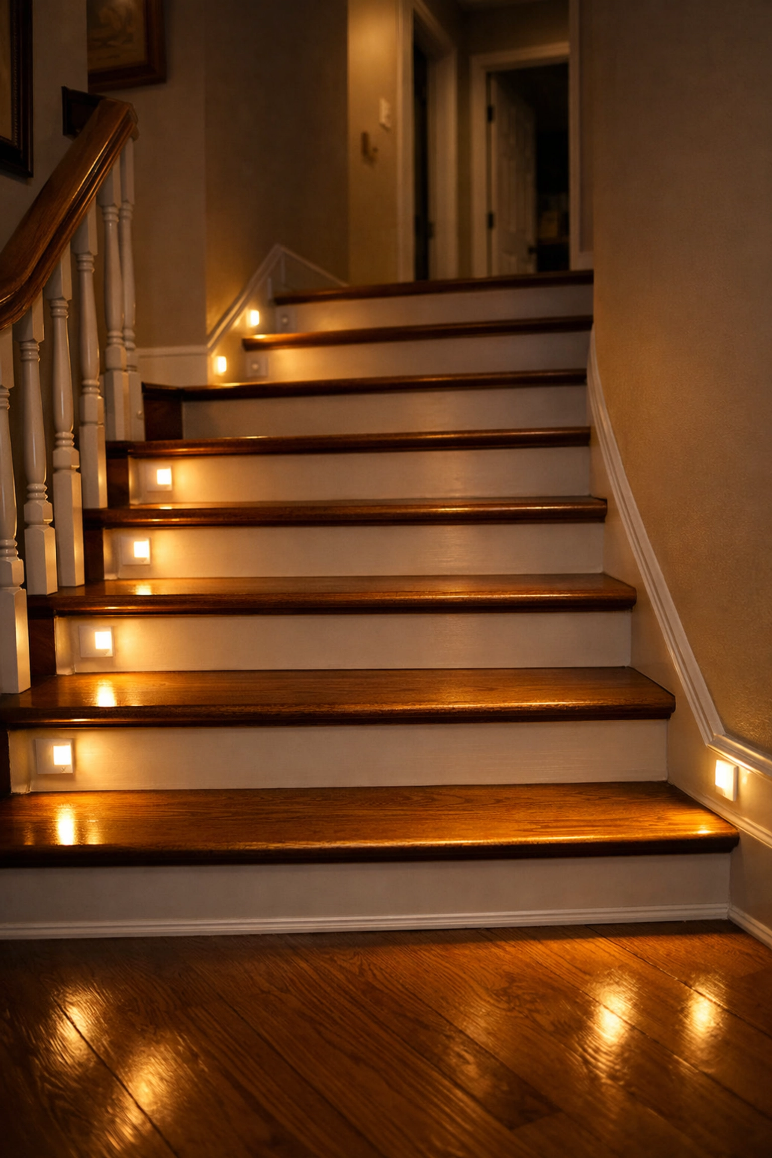 Motion-sensor LED lights illuminating a staircase at night to improve visibility and safety.