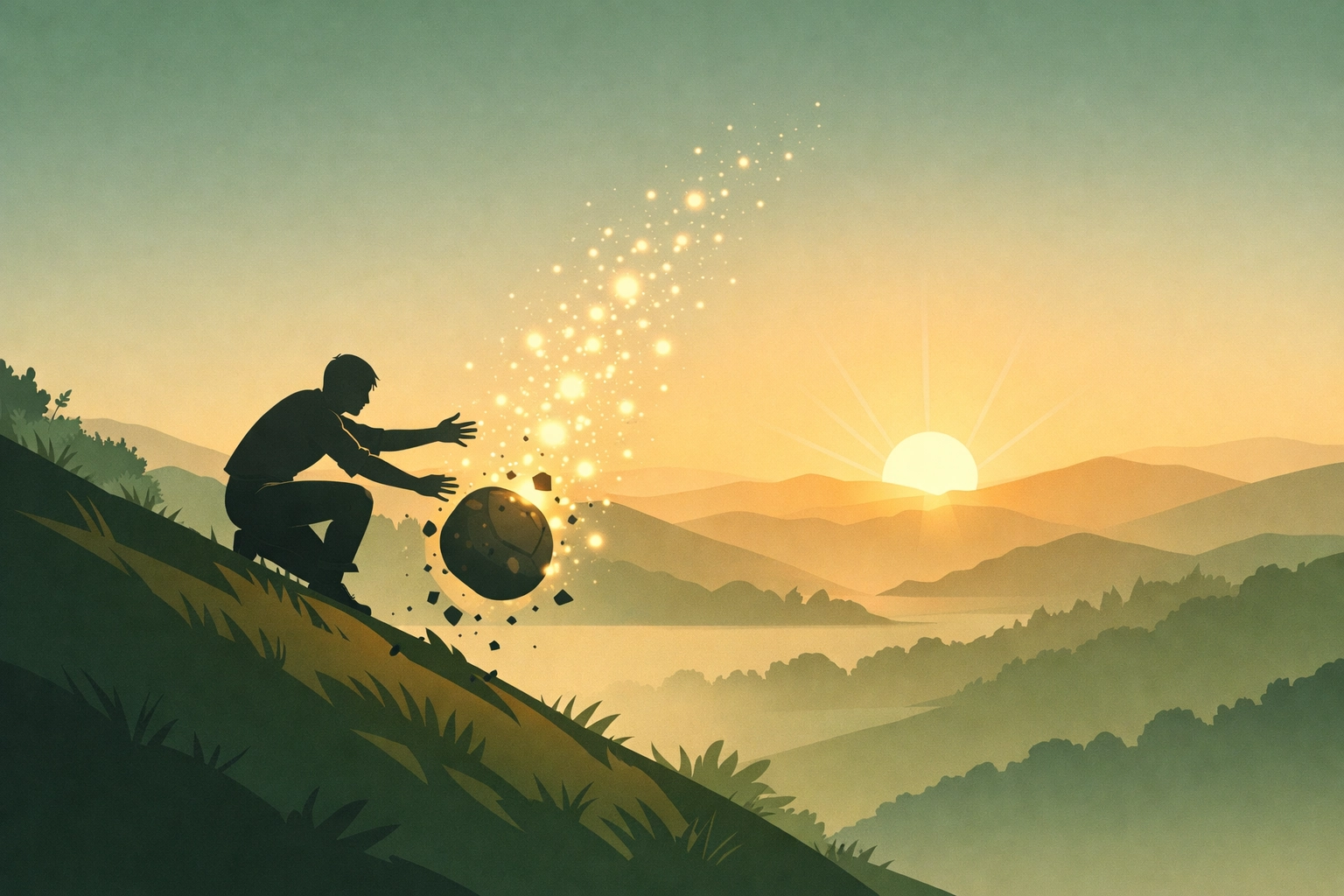 Person in peaceful hillside setting releasing burden of unforgiveness