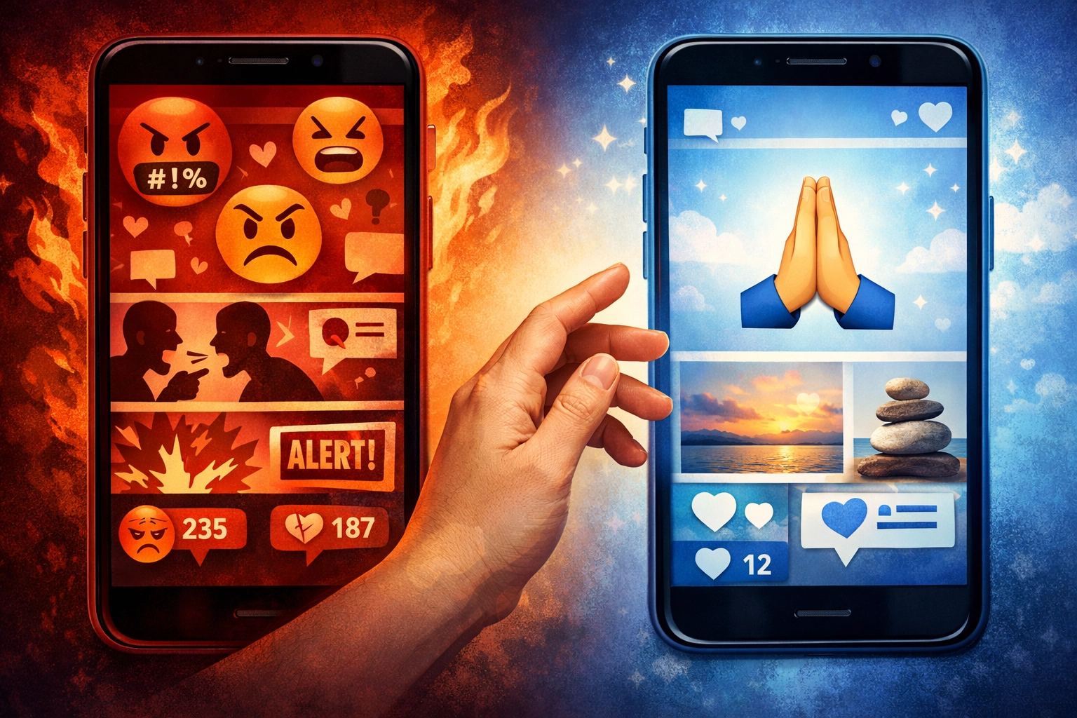 Two phones showing contrast between anxious social media and peaceful prayer content