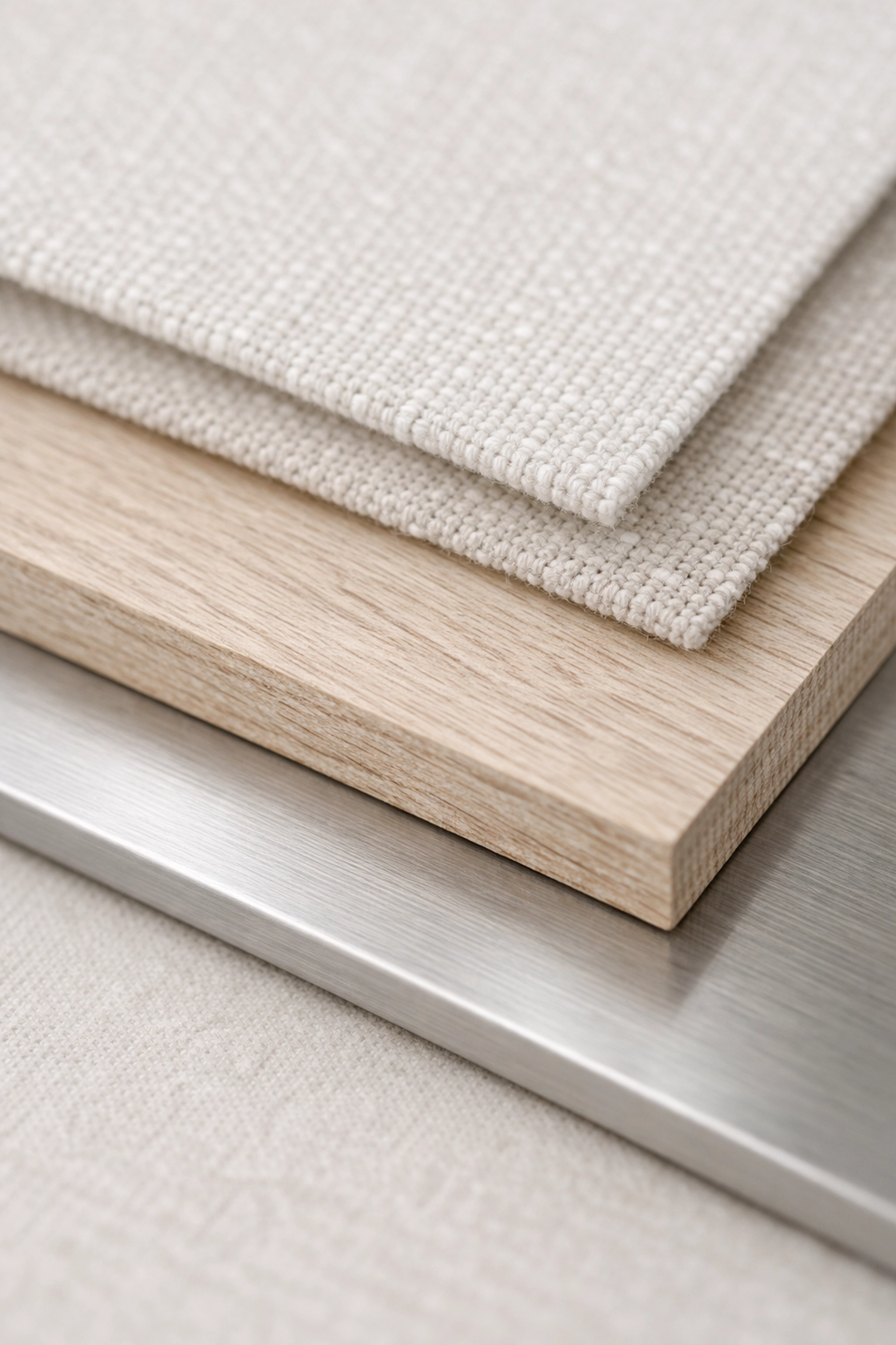 Bespoke interior design material samples including hardwood flooring and textured wallpaper.