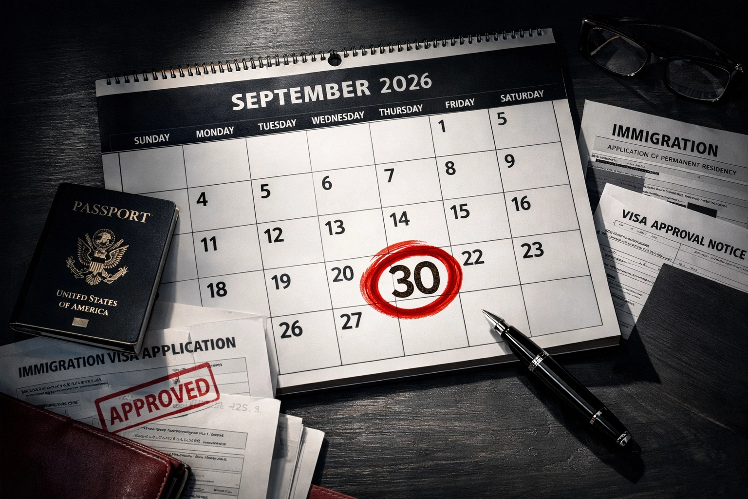 Calendar with September 30, 2026 EB-5 deadline circled in red surrounded by immigration documents and passport