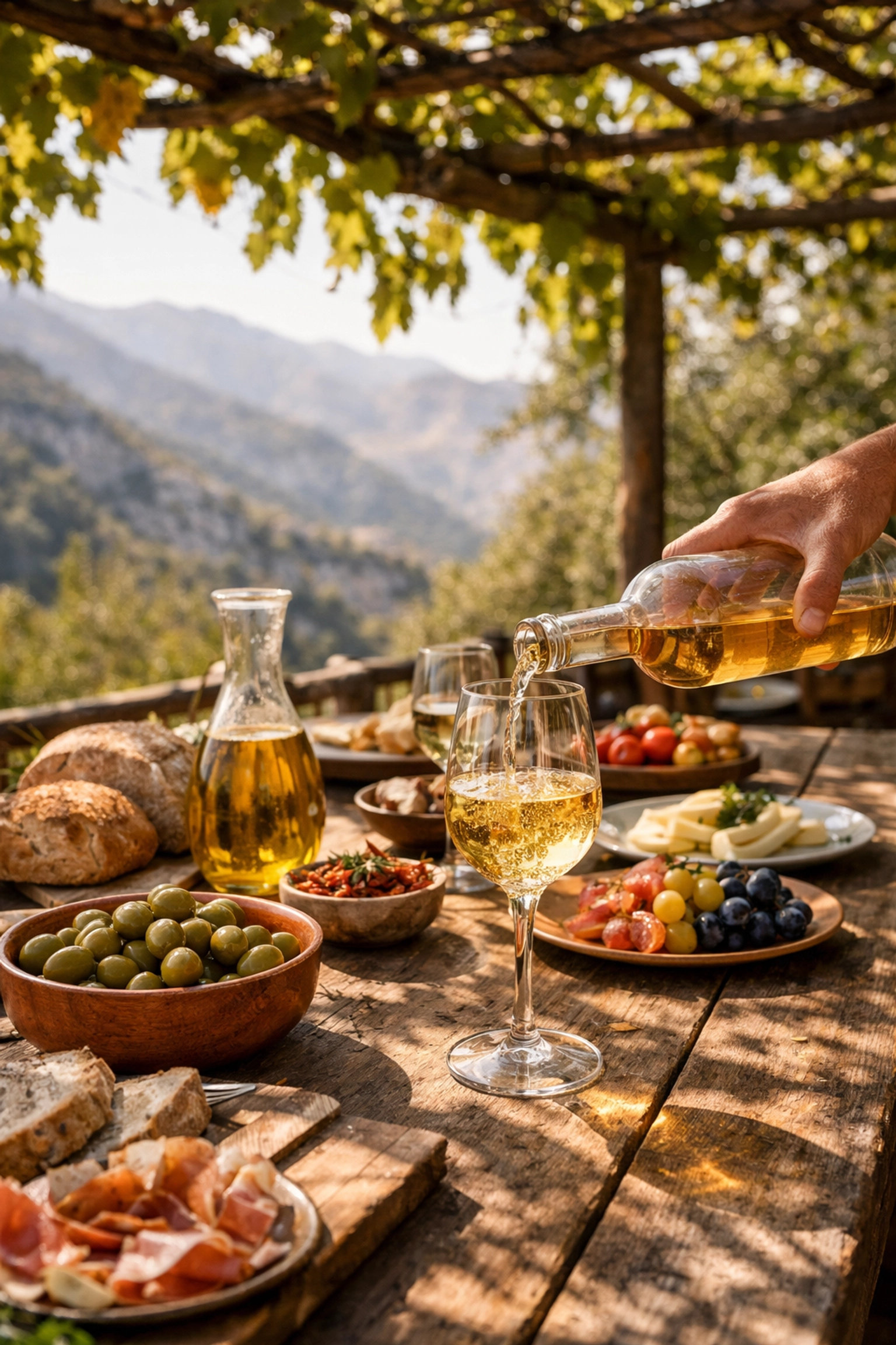 Authentic Cretan harvest lunch with local wine, olives, and bread under an autumn pergola in Greece.