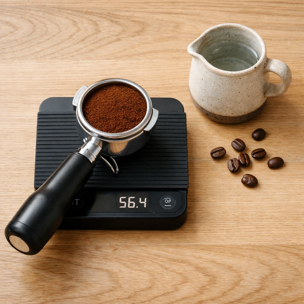 Measuring coffee grounds on a digital scale with a portafilter for accurate home espresso brewing.