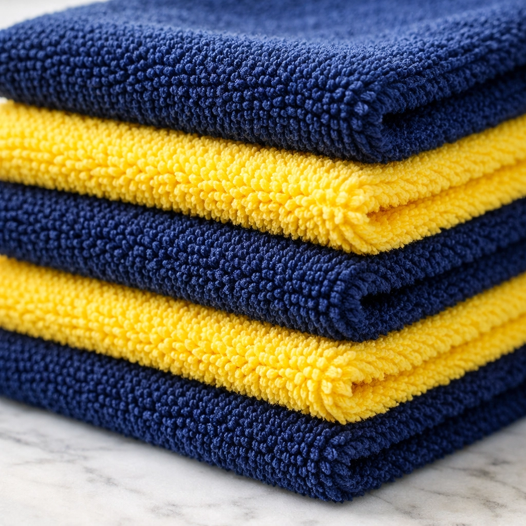 A stack of folded blue and yellow microfiber cleaning cloths on a marble surface for effective dusting.