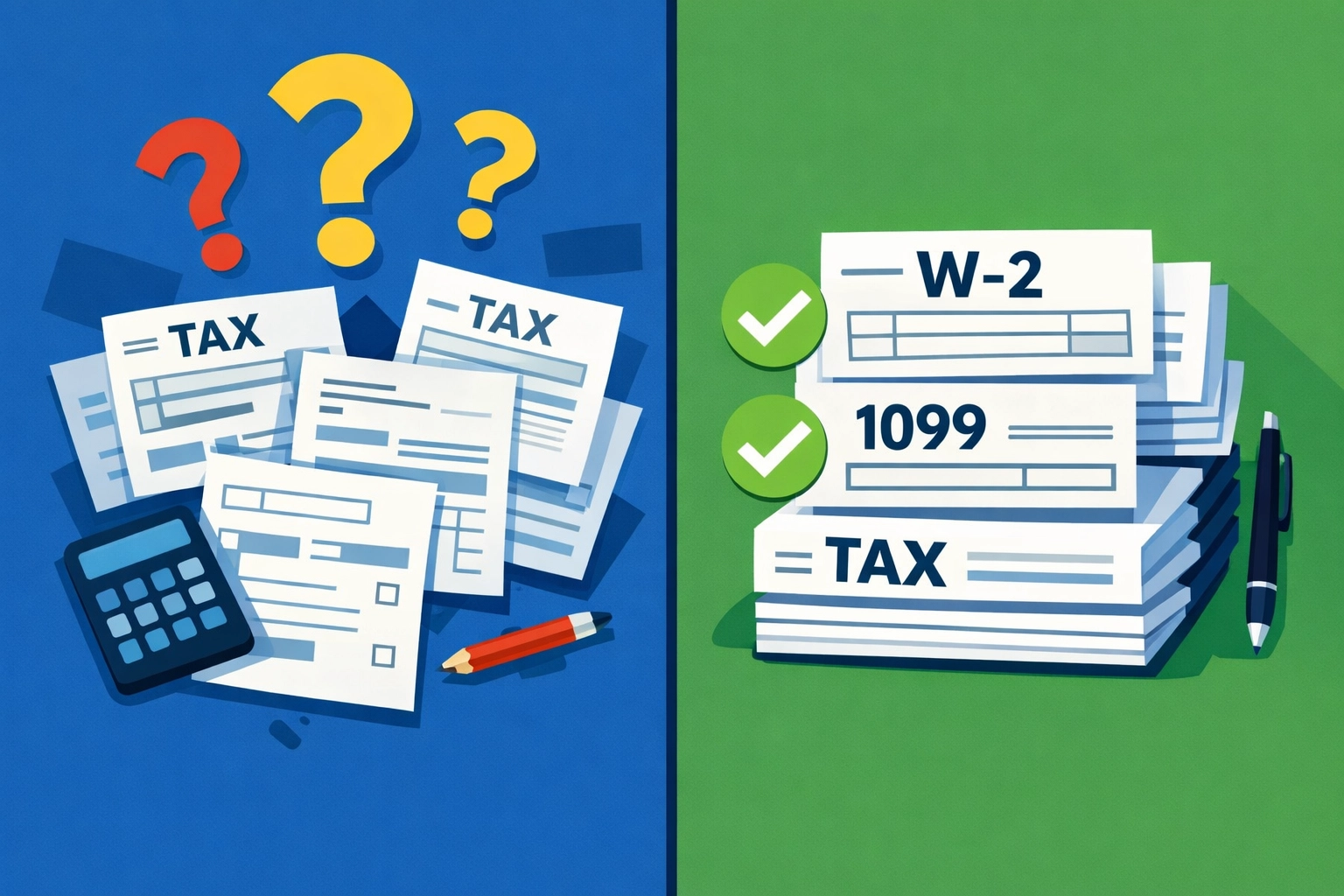 Complete vs incomplete tax forms showing proper W-2 and 1099 documentation for filing