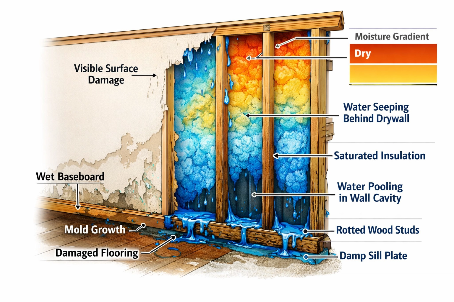 Cross-section view showing hidden water damage behind drywall and insulation