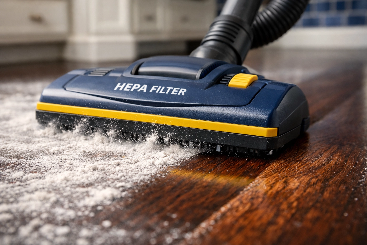 HEPA vacuum removing drywall dust from wood floors during a professional post-construction cleaning MA.