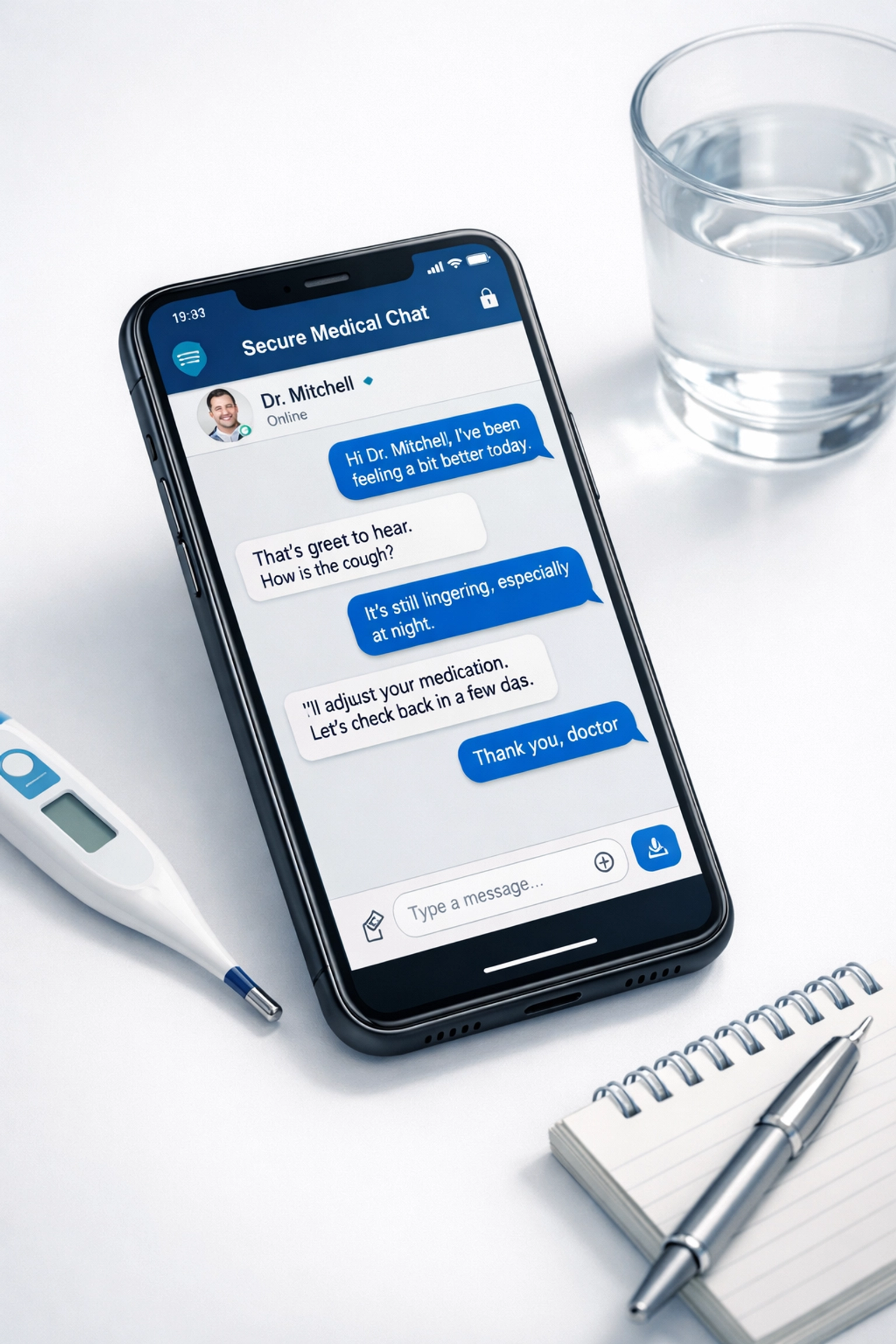 Smartphone displaying secure medical messaging interface for telehealth consultation