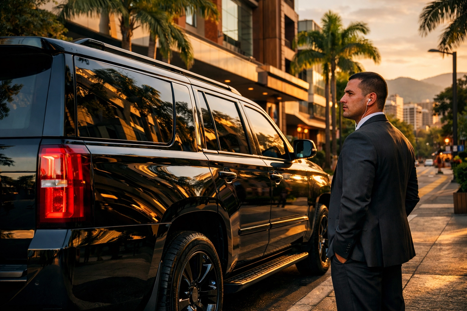 Elite private security operative provides discreet executive protection next to an armored vehicle in Medellin.