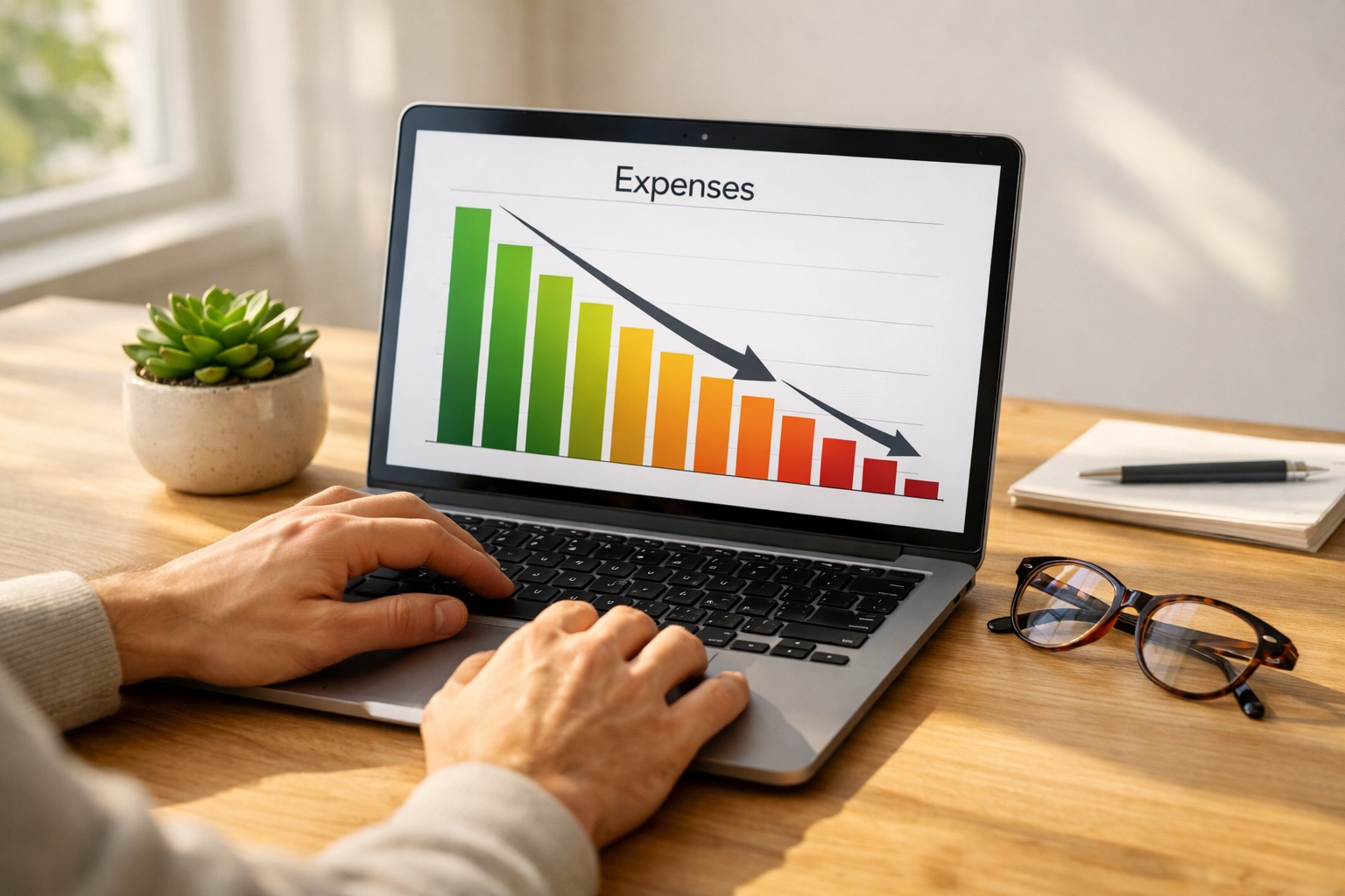 A person using a laptop to organize bank statements and plan for a mortgage refinance to lower expenses.