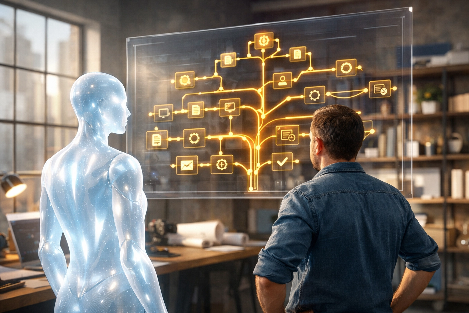 Human professional collaborating with a digital AI agent on a complex automated project in a creative studio.