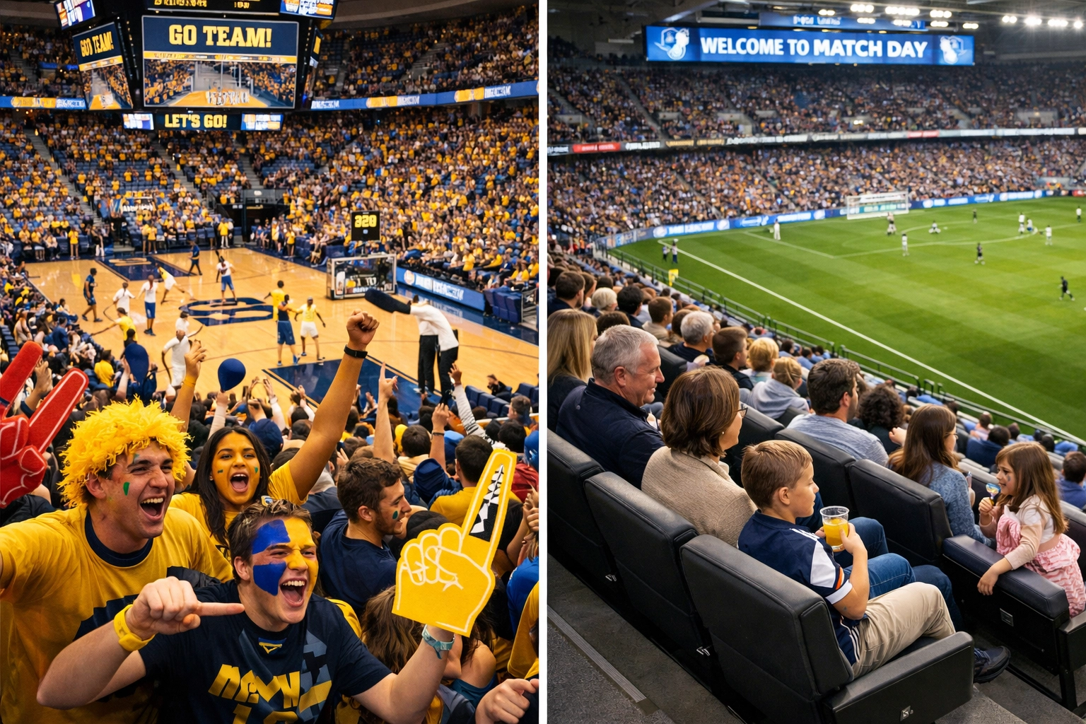 College basketball arena and professional soccer stadium comparison showing different audience demographics