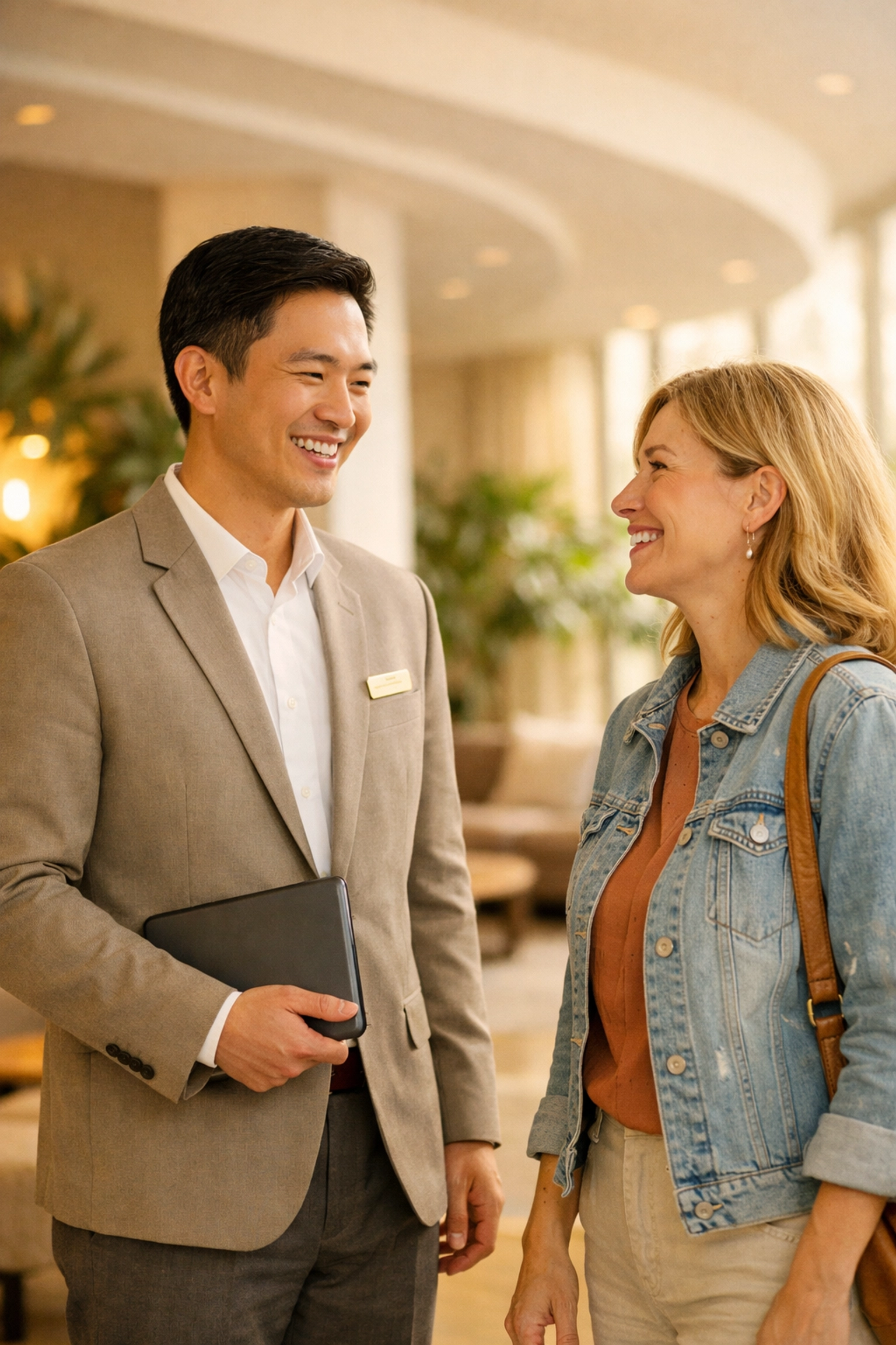 Hotel staff using a mobile PMS tablet to enhance the guest check-in experience.