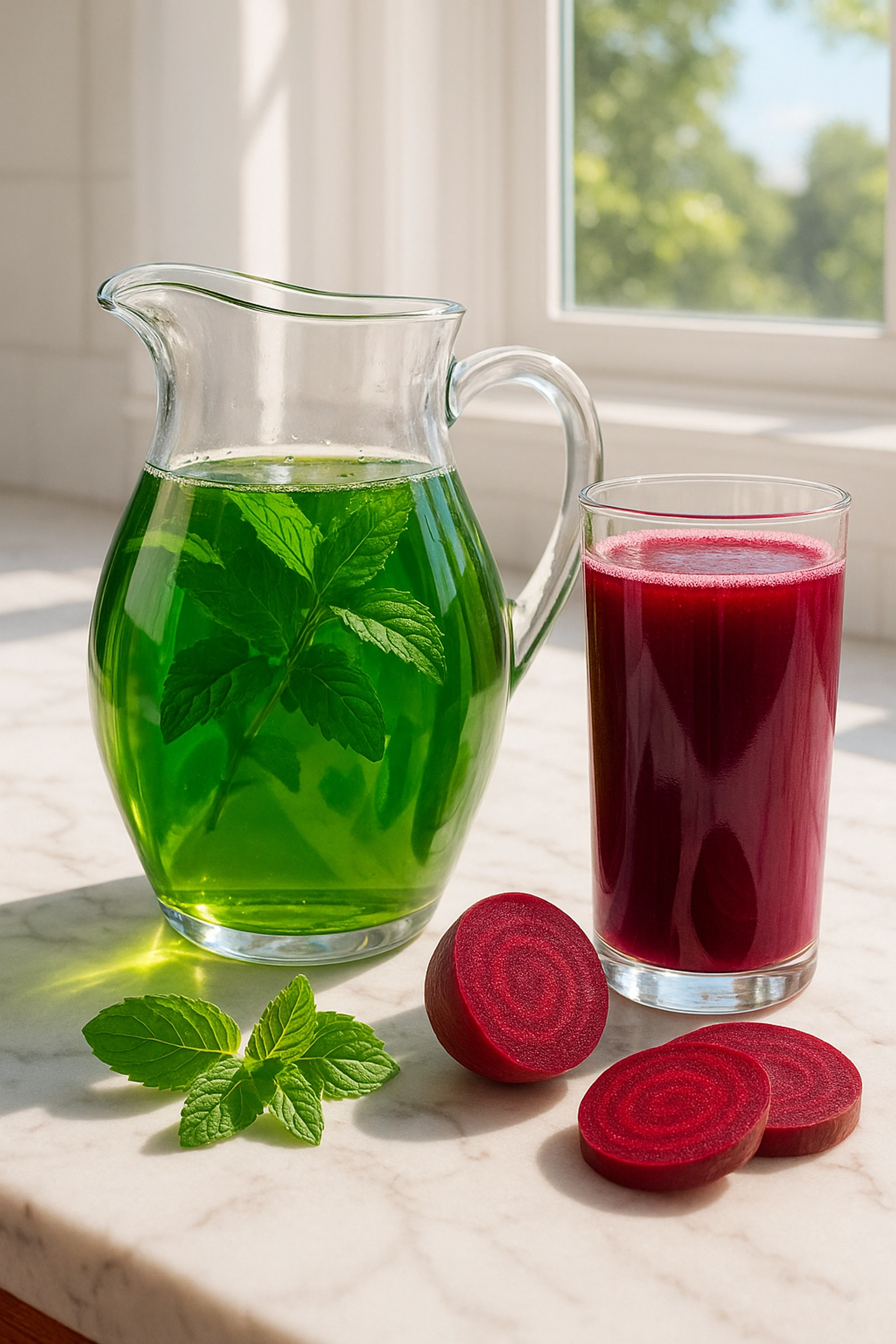 Colorful beverages: water with lemon, green tea, beetroot juice