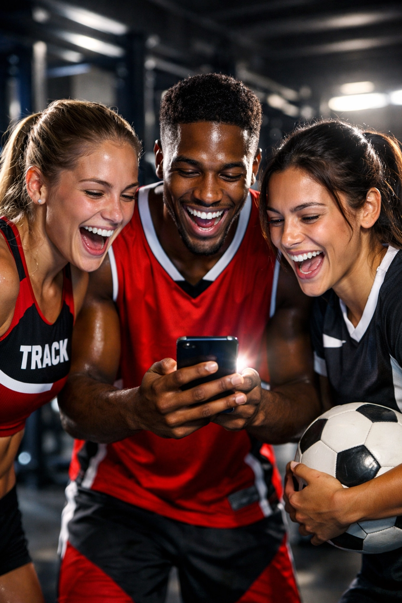Diverse athletes on a smartphone highlighting peer-to-peer digital marketing and NIL athlete voice innovation.