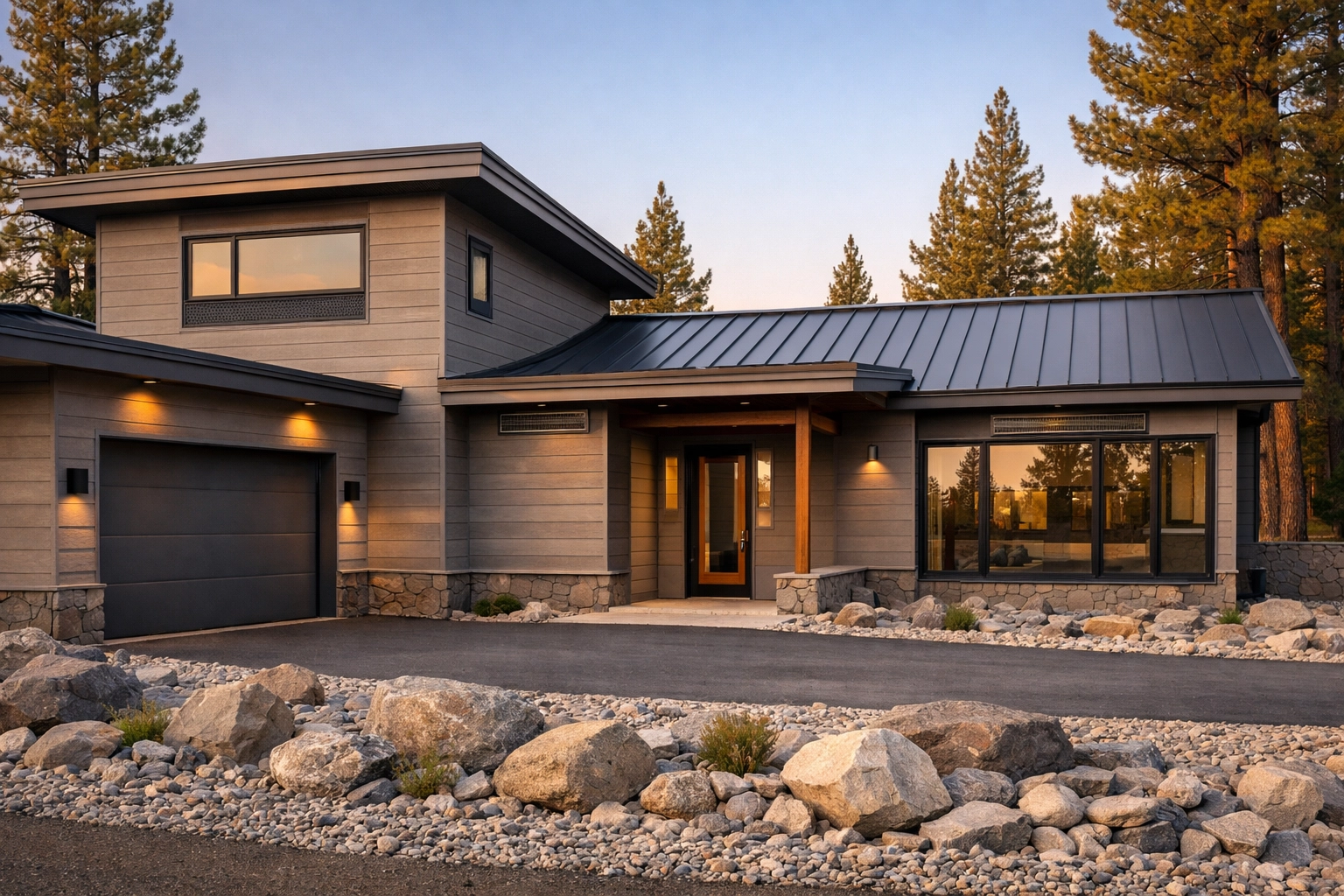 Fire-resistant Tahoe home with fiber cement siding, metal roof, and Zone Zero defensible space