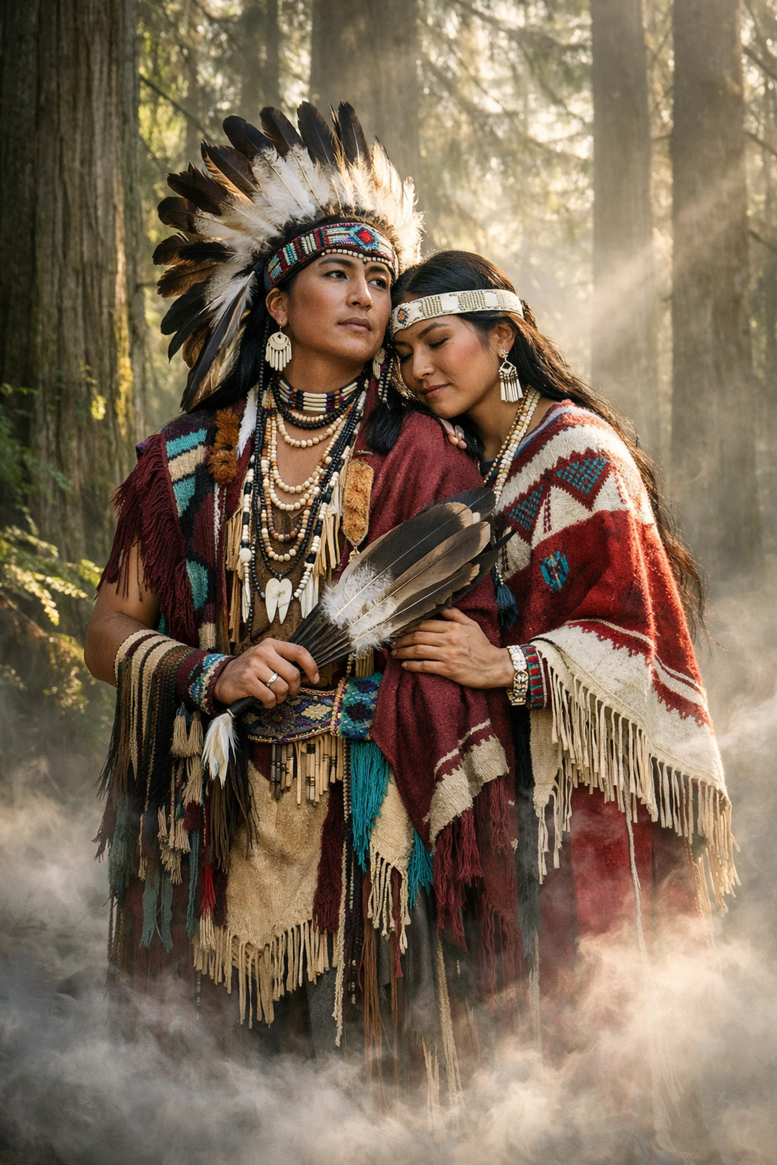 Two-Spirit individuals in ceremonial regalia standing together in Pacific Northwest cedar forest