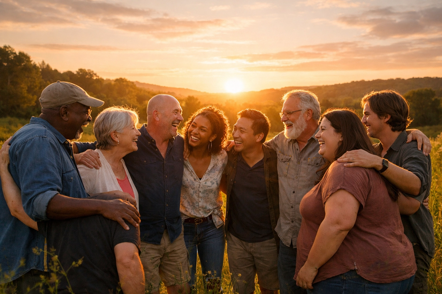A diverse group of people standing in a circle for a weight loss peer support group session.