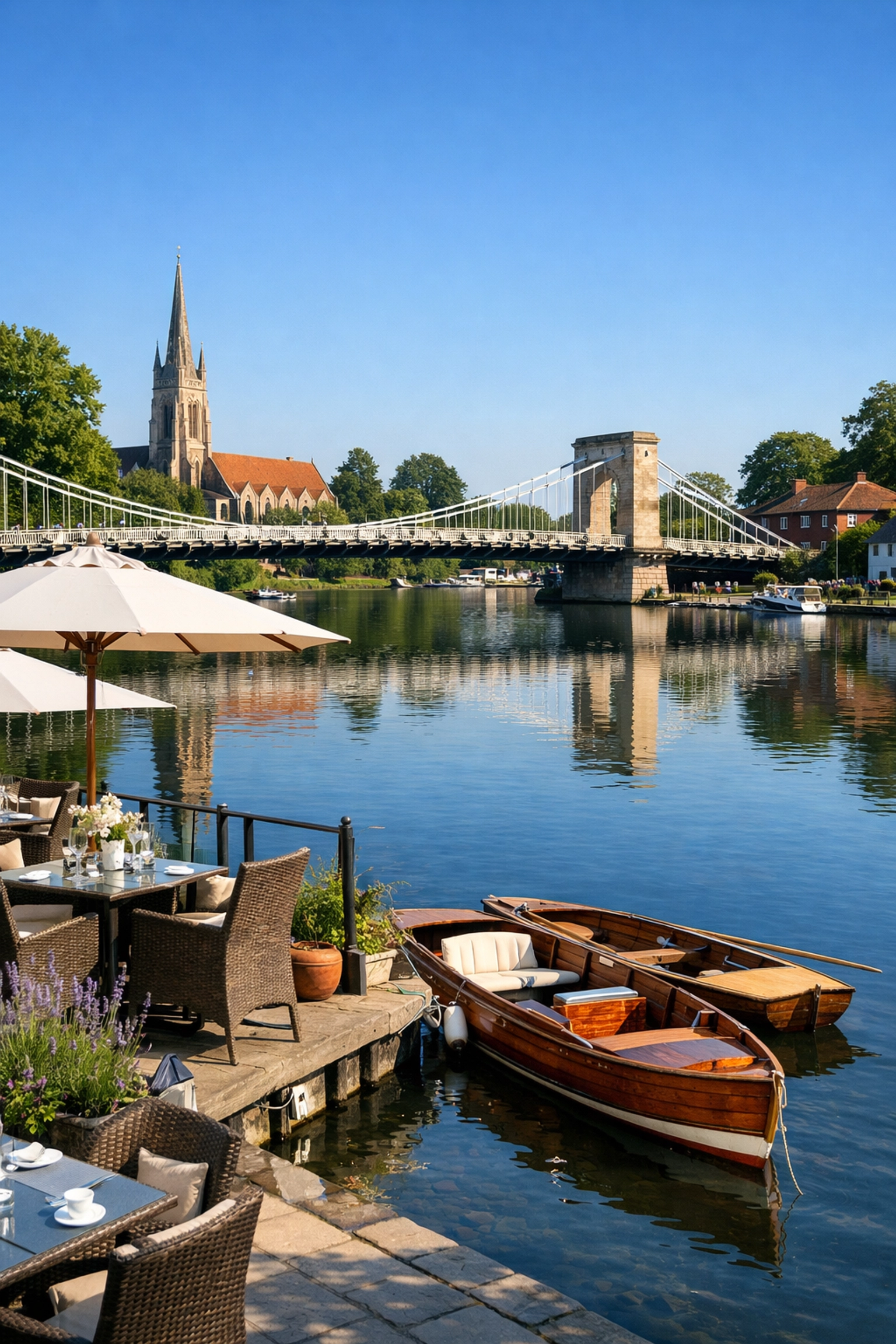 The historic Marlow Suspension Bridge and riverside dining on the banks of the River Thames.