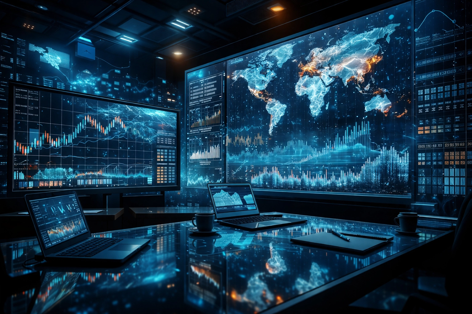 Institutional investors analyzing global market data and hedge fund strategies in a high-tech control room