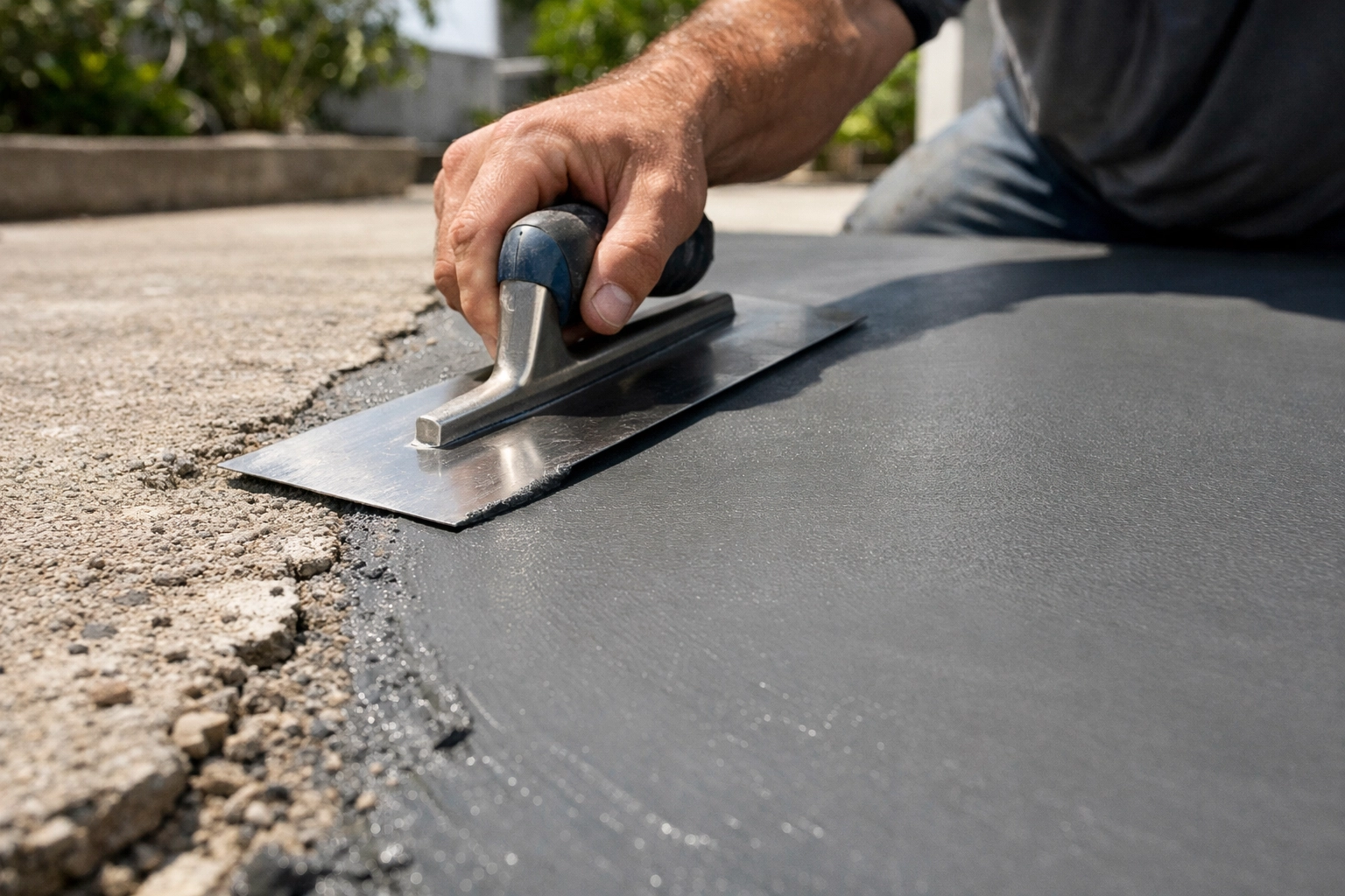 Professional contractor applying resurfacing compound to a concrete slab for a smooth, durable finish.