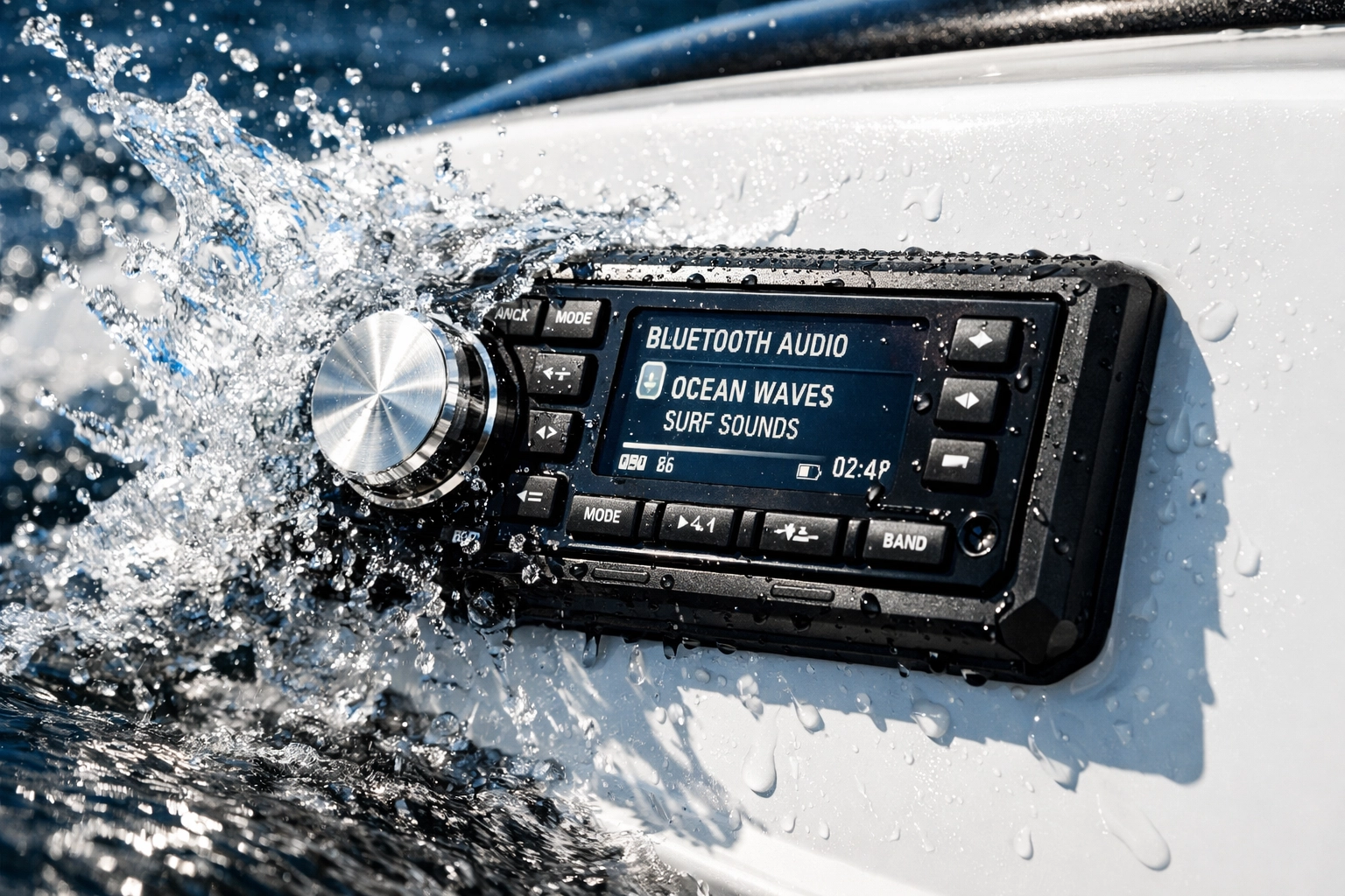 Waterproof marine media receiver resisting ocean water splashes on a boat dashboard.