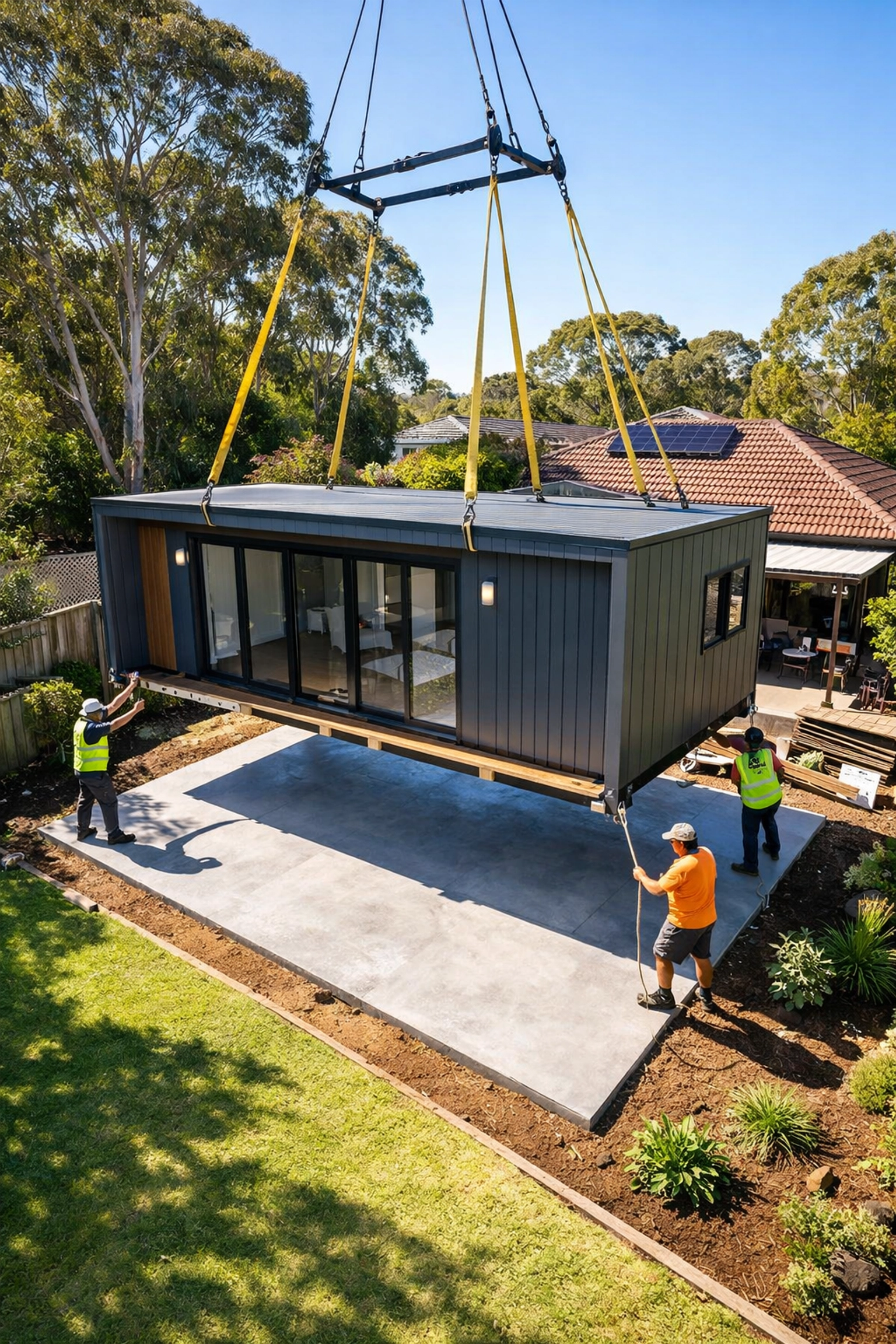 Modular granny flat being crane-installed onto concrete slab in Australian backyard