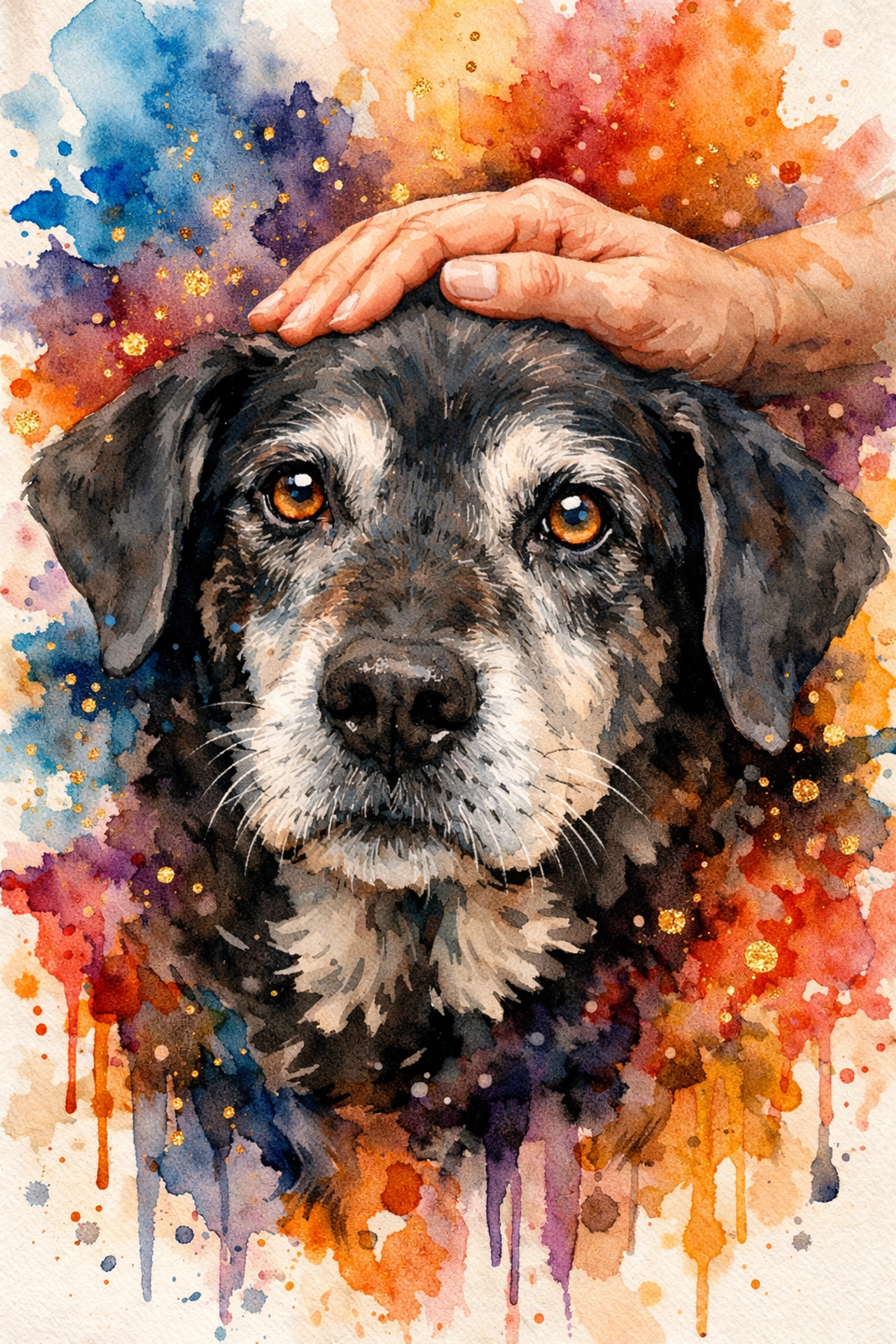 A close-up of a senior rescue dog with a gray muzzle being petted, showing a deep emotional bond.
