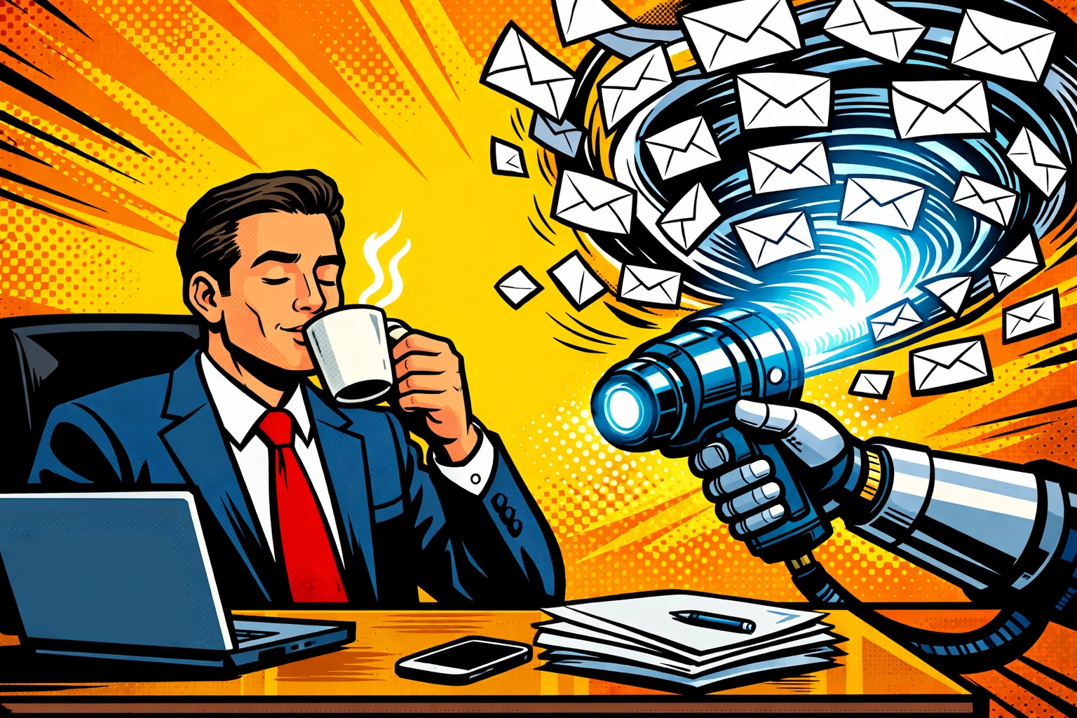 AI email automation helping a business owner stay calm while a robot clears a cluttered inbox.