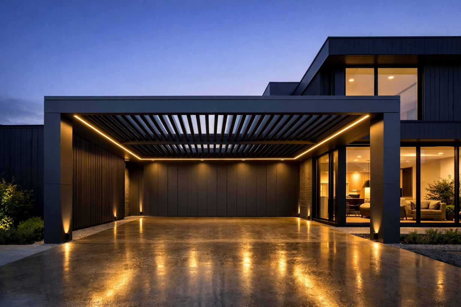Modern charcoal louvre carport with integrated LED lighting enhancing a home's high-end curb appeal.