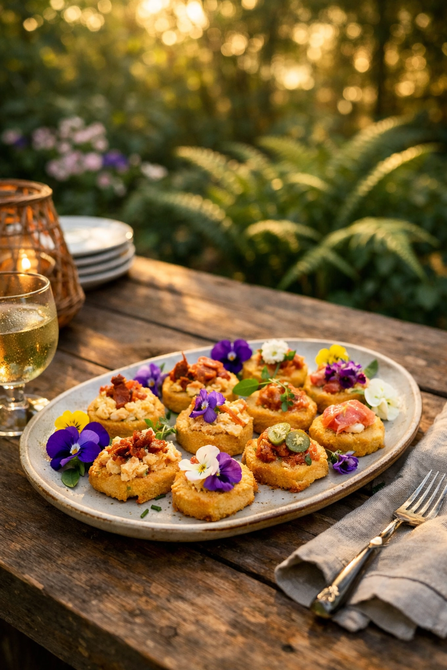 Southern cornbread crostini appetizers served at a lush Pacific Northwest garden party.