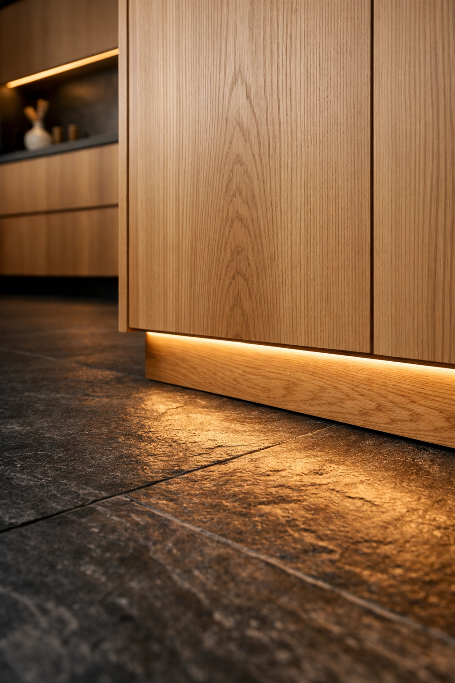 Warm white linear LED toe-kick lighting highlighting custom wood kitchen cabinets and slate floors.