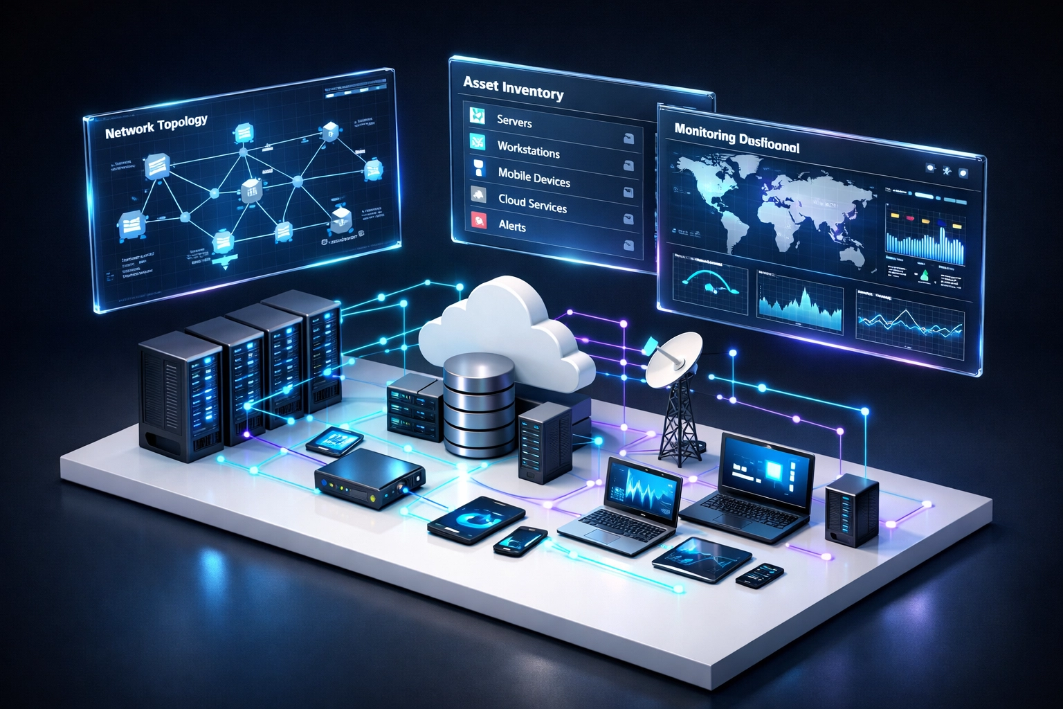 ServiceNow ITOM command center displaying network topology, asset inventory, and monitoring dashboards
