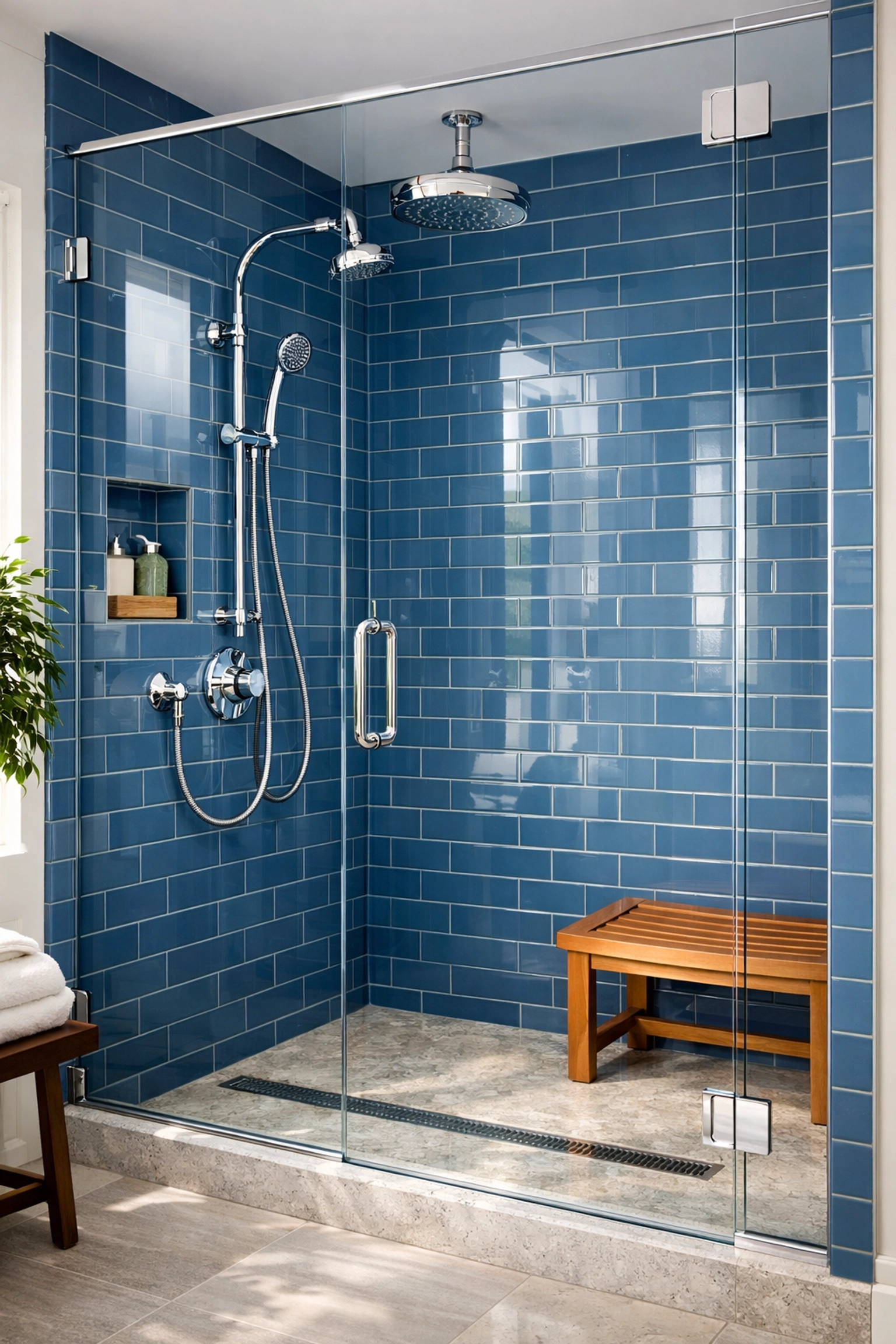 Clear glass shower door and blue subway tiles after hard water removal in an Acton home.